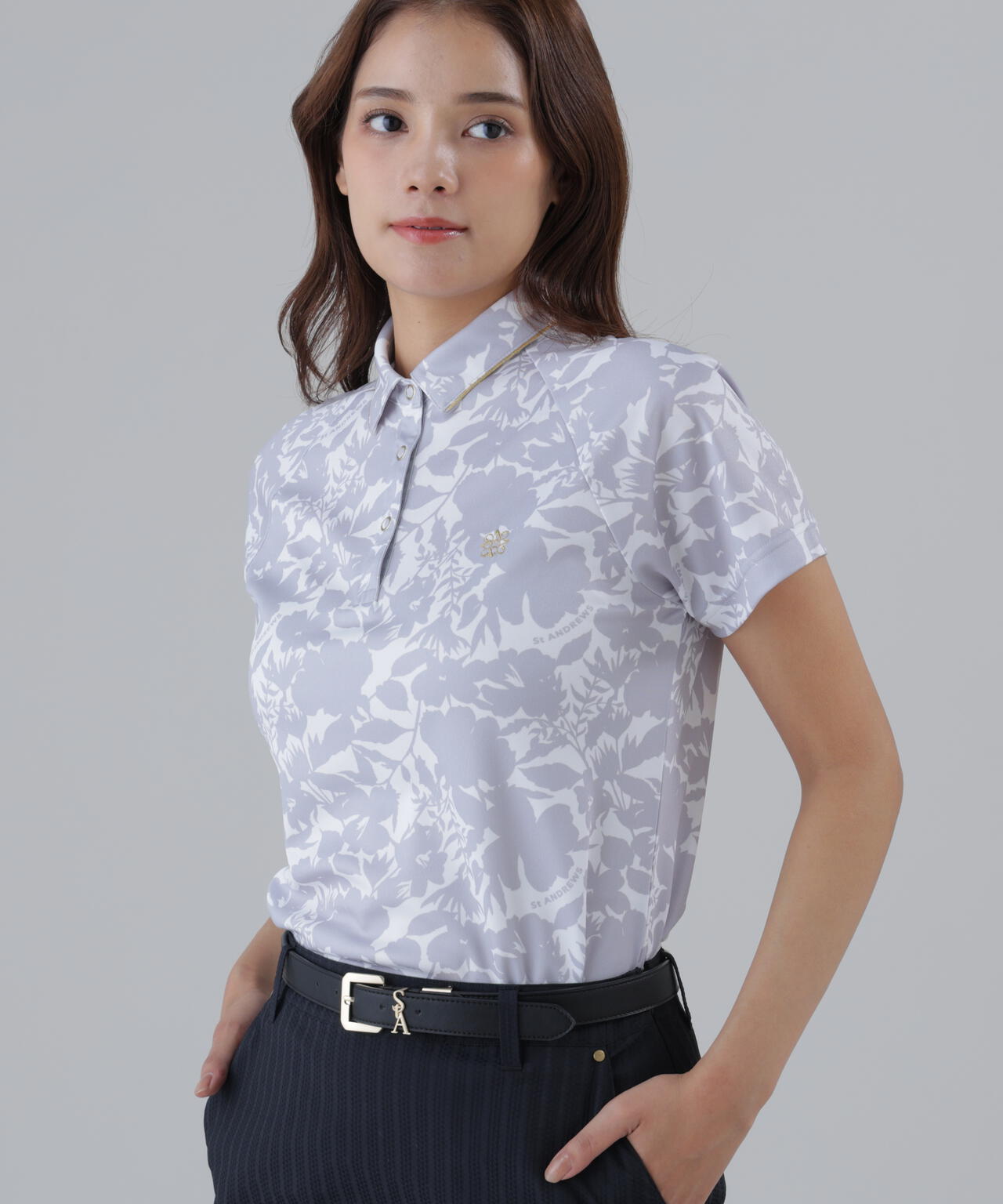 【吸水速乾】COOLMAXシャドーボタニカルプリント半袖ポロシャツ (WOMENS)