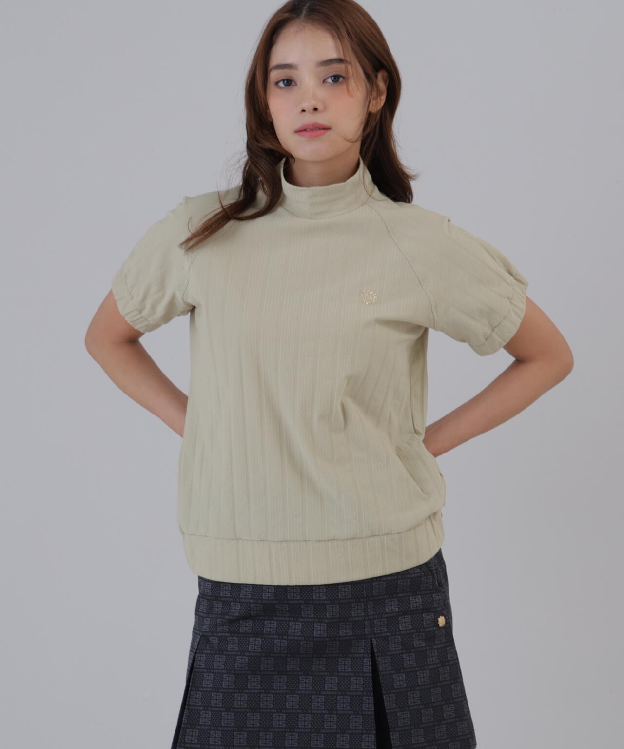 【吸水速乾】サッカーストライプ半袖ハイネックカットソー (WOMENS)