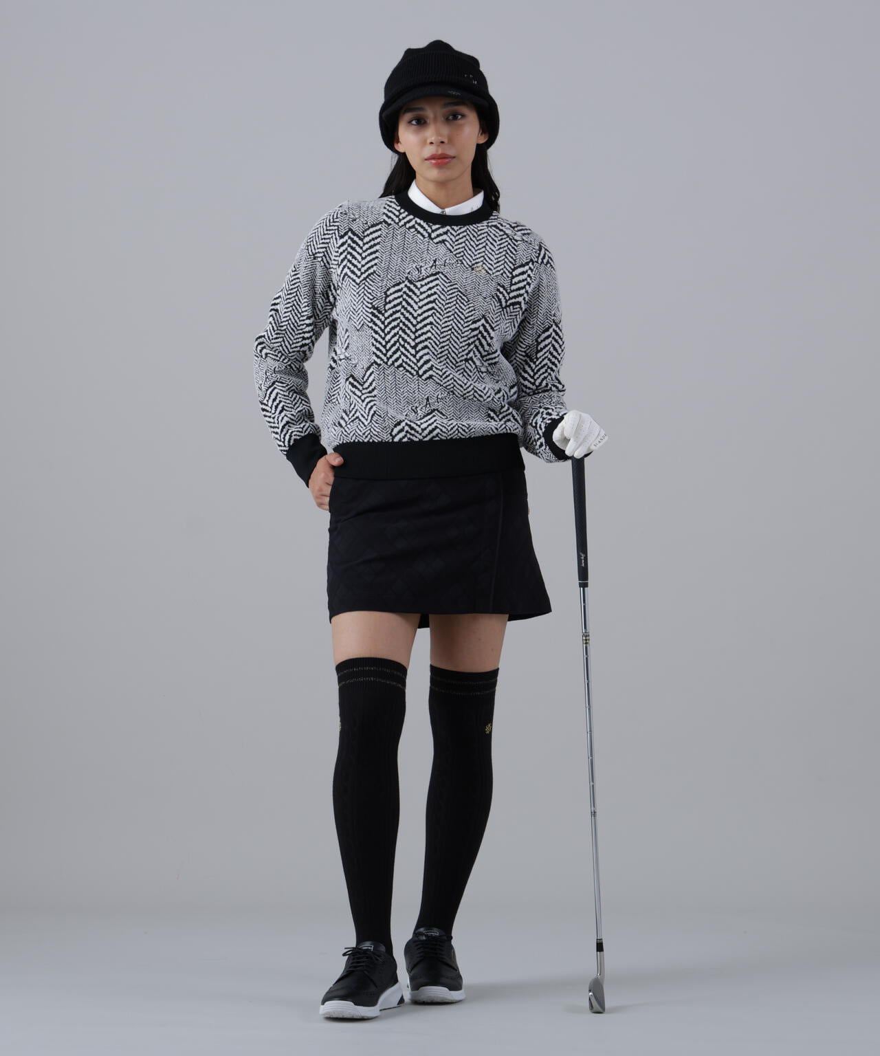 12Gヘリンボーンジャガード裏地付きクルーネックニットプルオーバー (WOMENS)