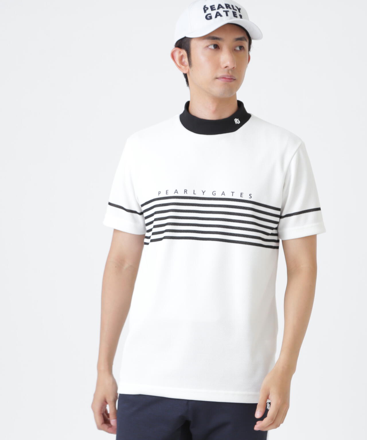 Peメッシュパネルボーダー半袖ハイネックカットソー (MENS)