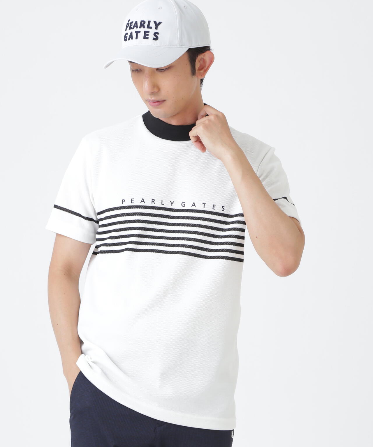 Peメッシュパネルボーダー半袖ハイネックカットソー (MENS)