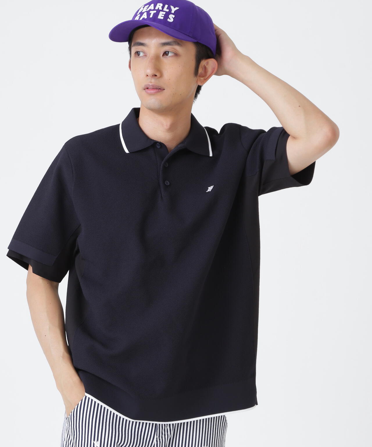 サッカー生地ドッキング半袖ニットポロシャツ (MENS)