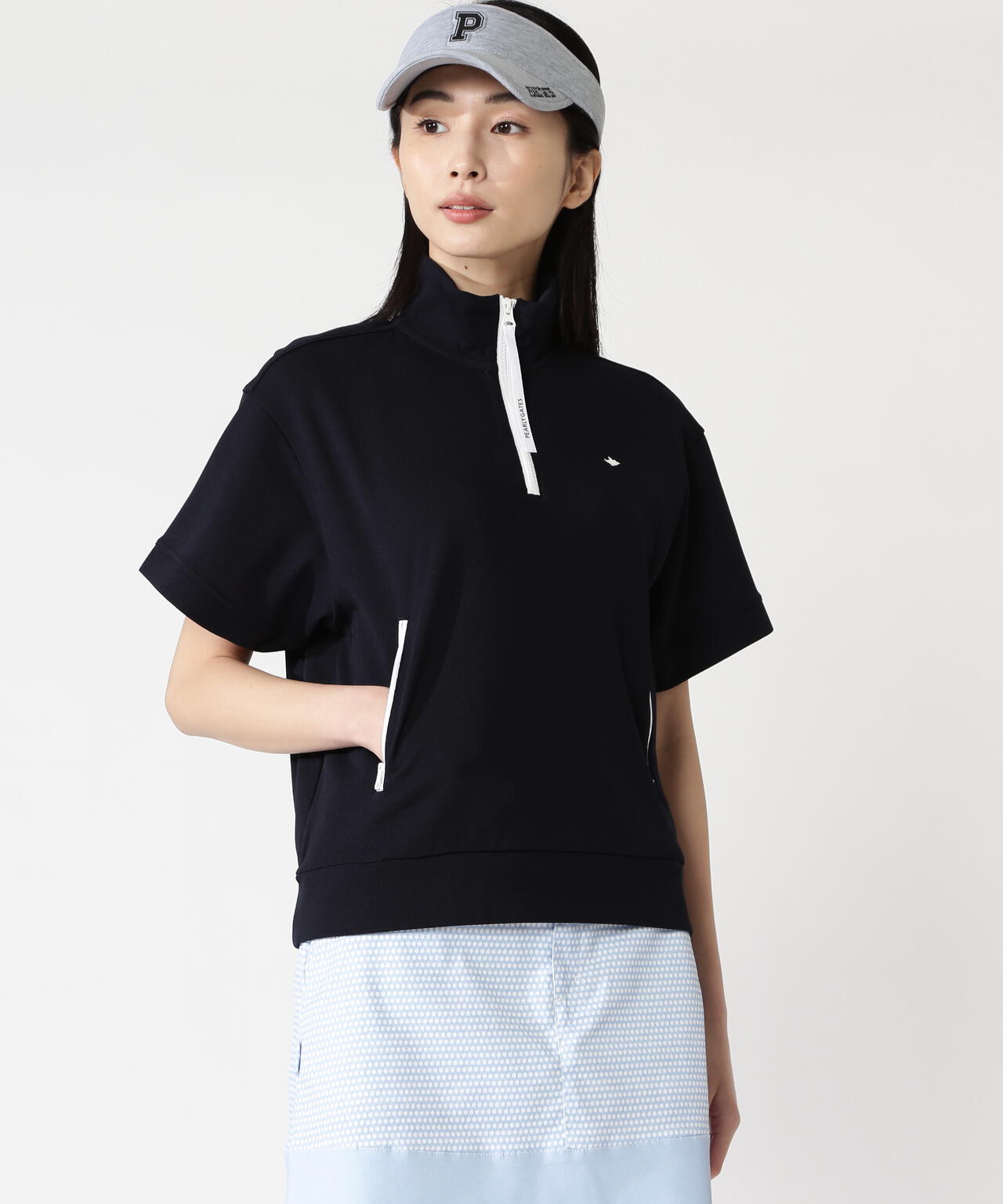 Peトリコットメッシュハーフジップアップカットソー