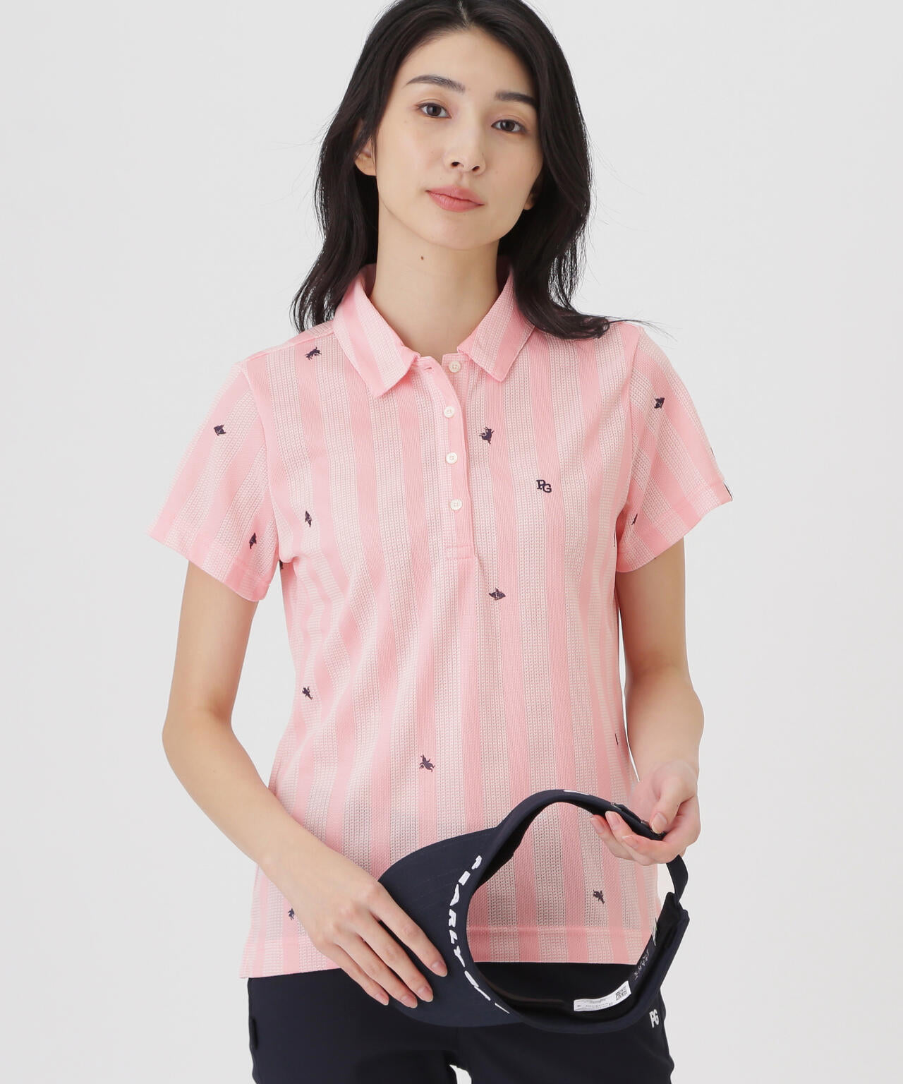 Peメッシュストライプニット半袖ポロシャツ (WOMENS)