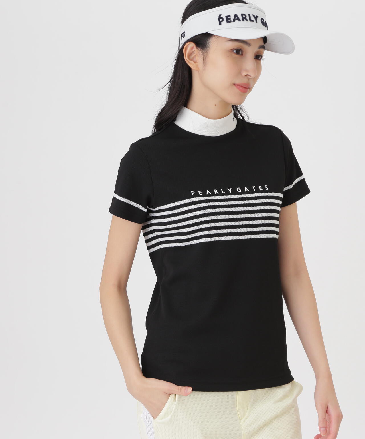 Peメッシュパネルボーダー半袖ハイネックカットソー (WOMENS)