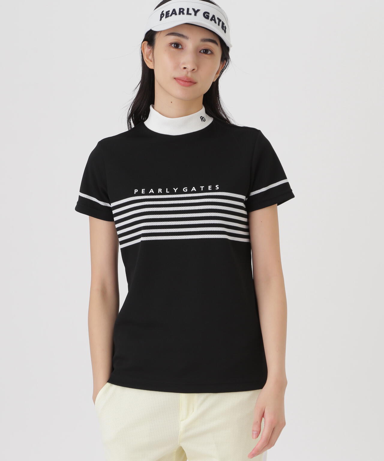 Peメッシュパネルボーダー半袖ハイネックカットソー (WOMENS)