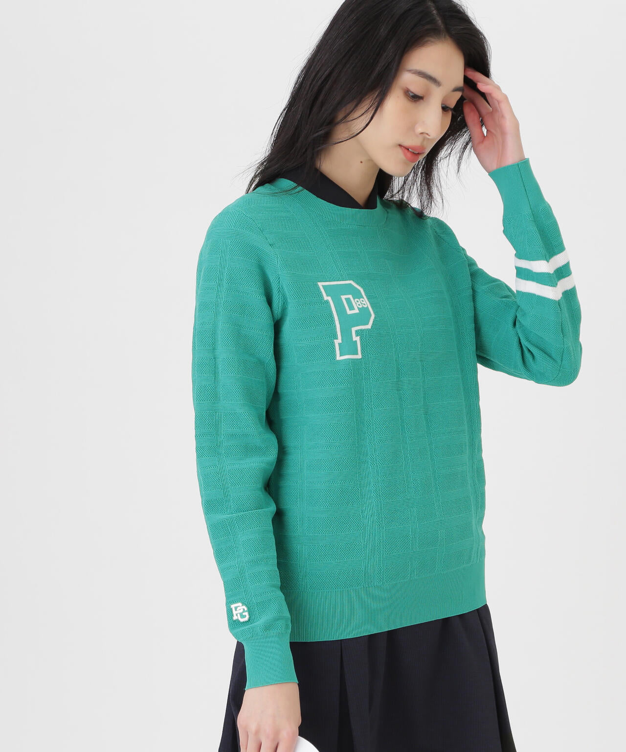 14G地柄ジャガードクルーネックニットプルオーバー (WOMENS)