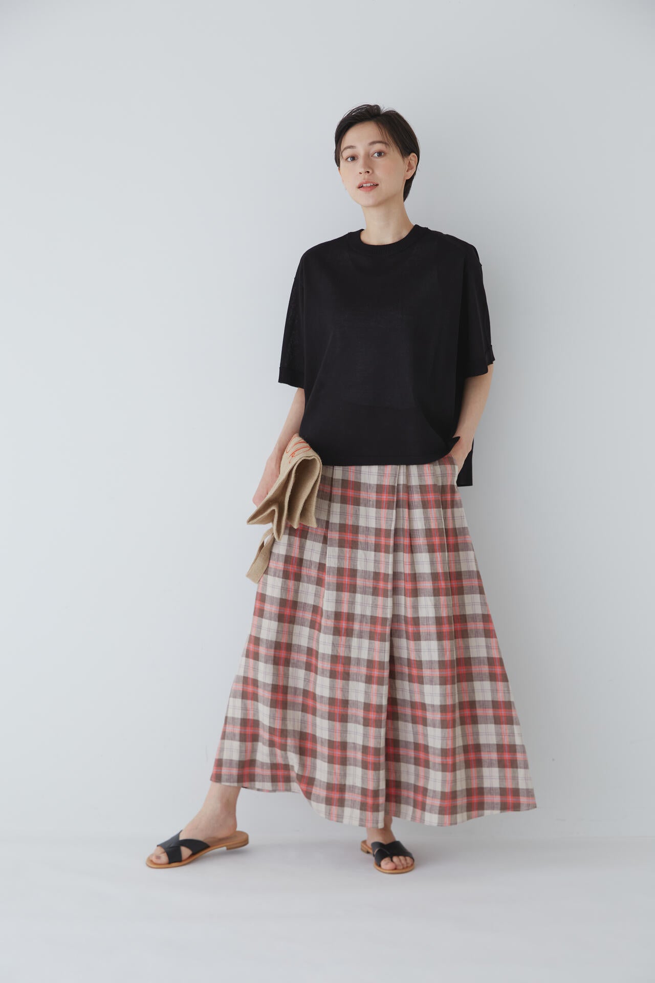 【WEB限定サイズ】麻チェックボリュームスカート