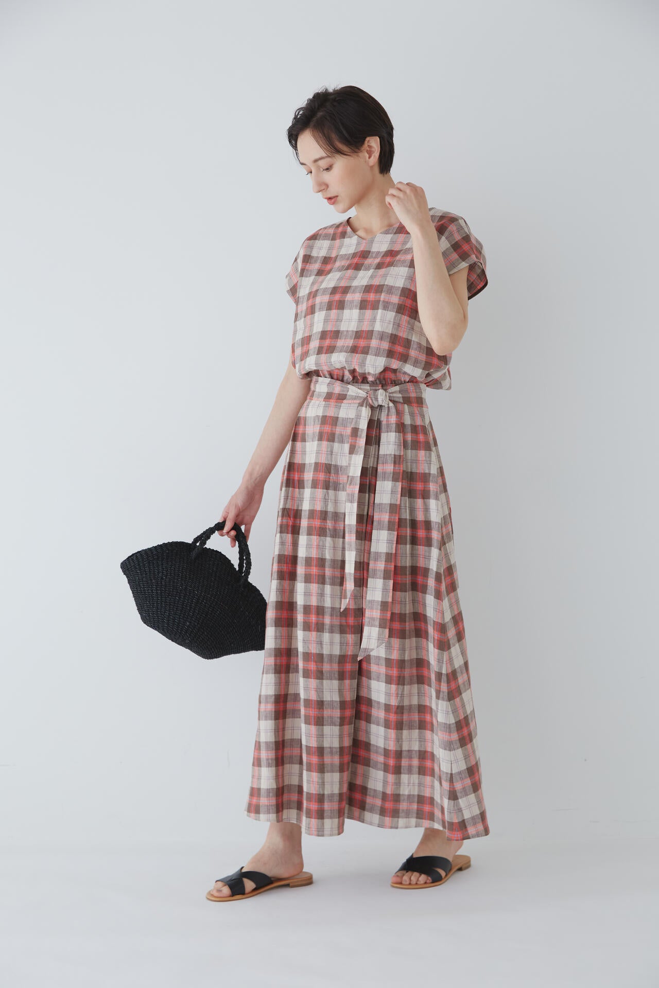 【WEB限定サイズ】麻チェックボリュームスカート