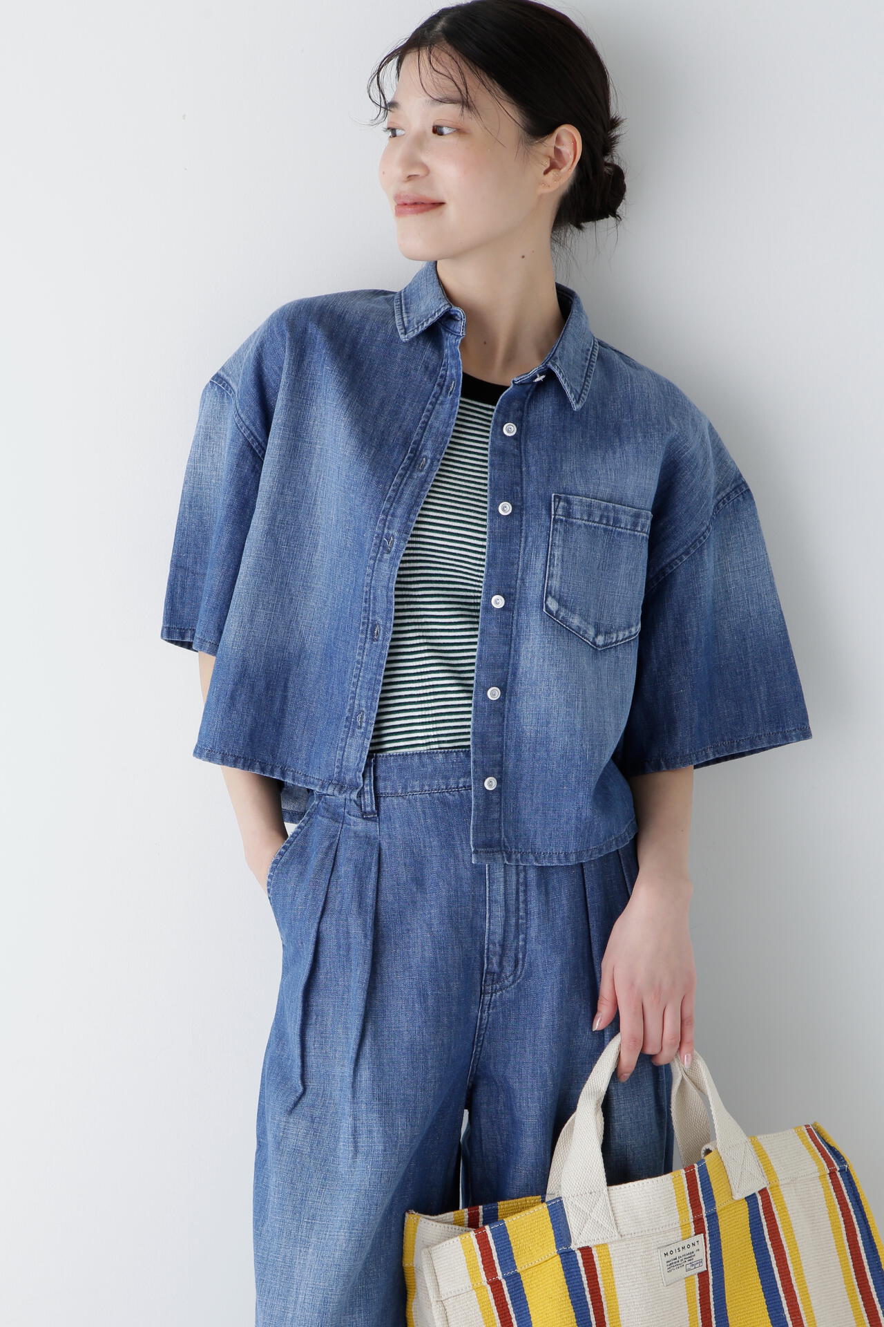 【Healthy DENIMコラボ】クロップド半袖デニムブラウス