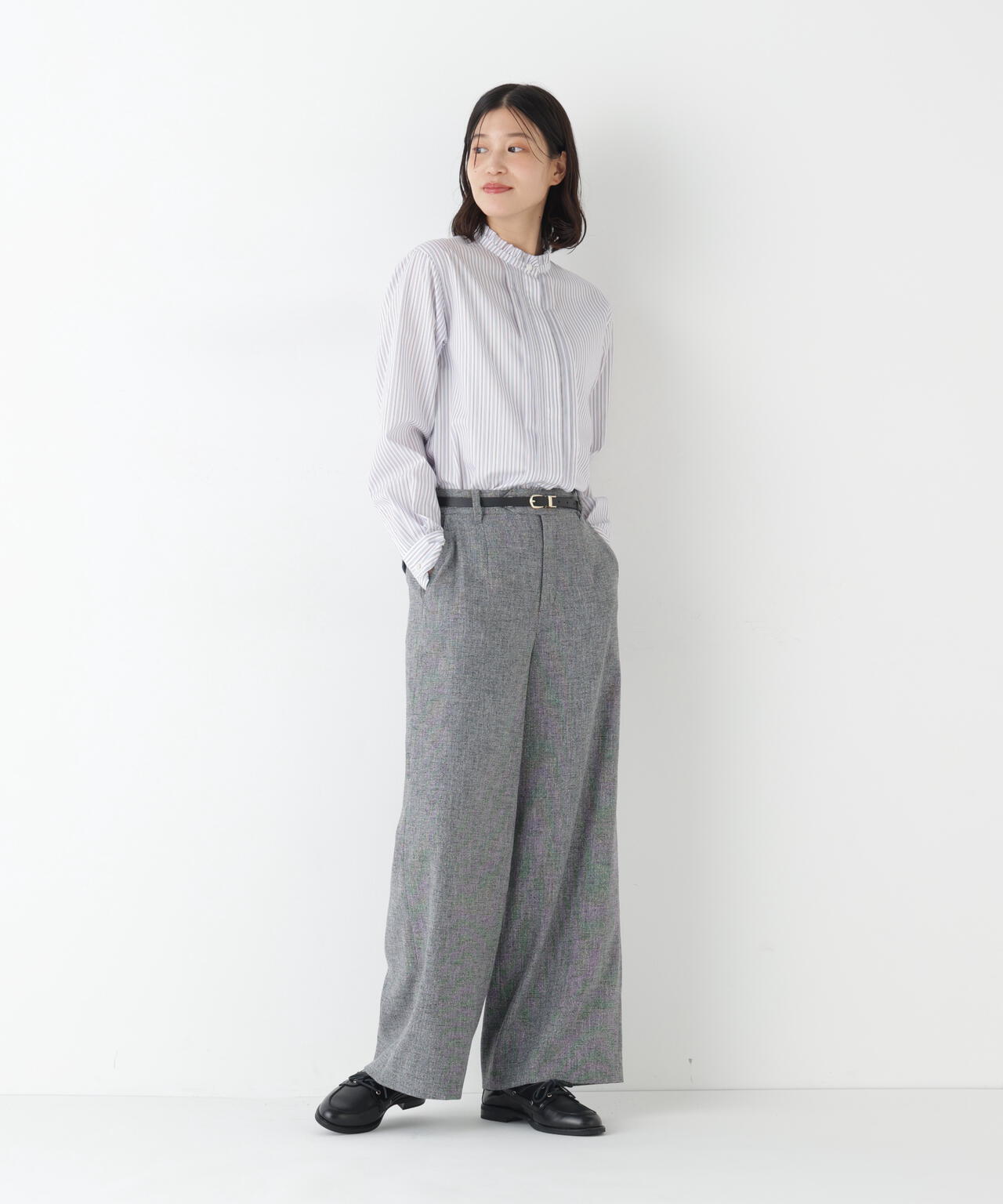 ≪洗える≫先染めストライプスタンドフリルブラウス