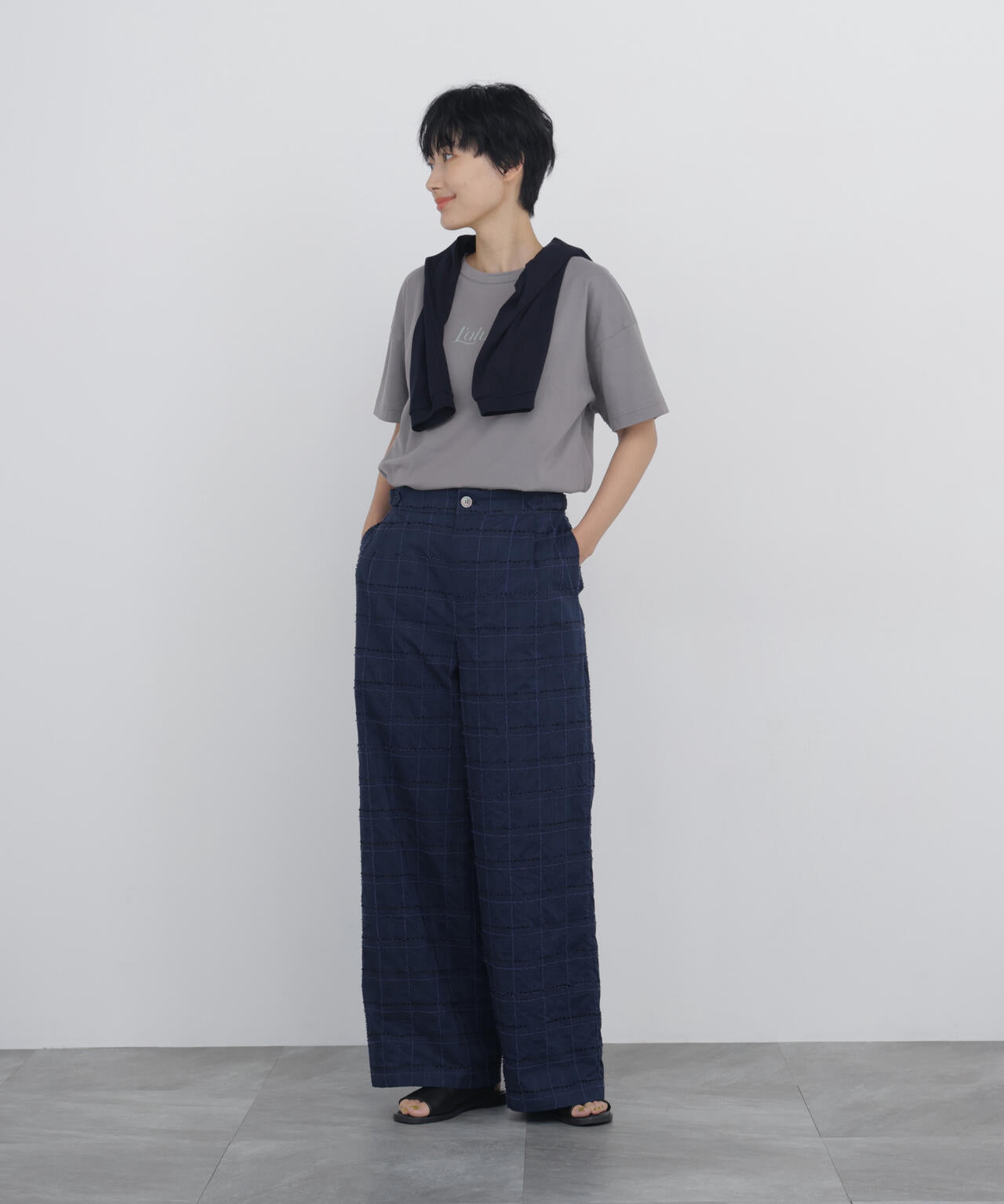 《洗える》モール刺繍チェック柄パンツ