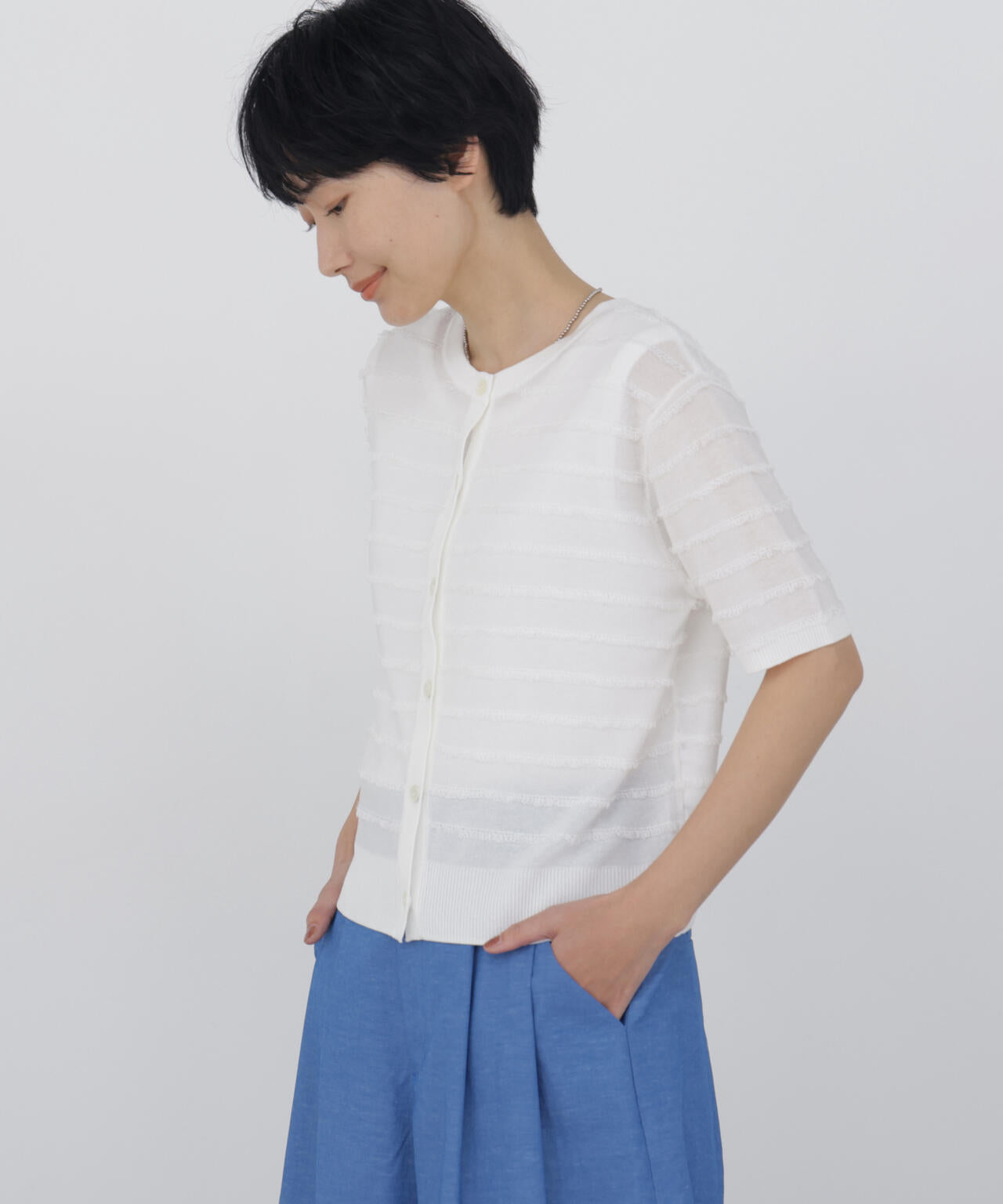 《洗える》パイルボーダー半袖カーディガン
