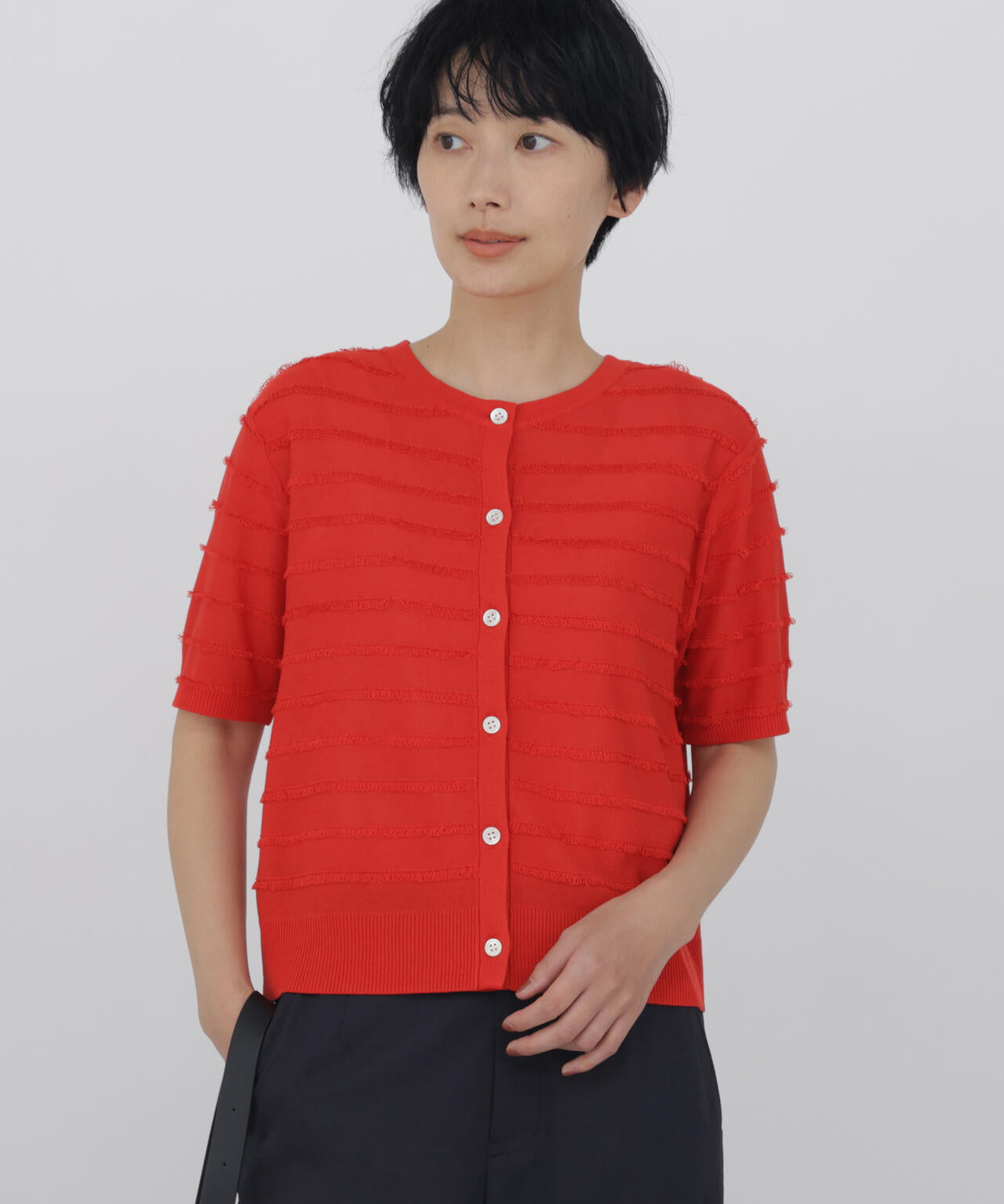 《洗える》パイルボーダー半袖カーディガン