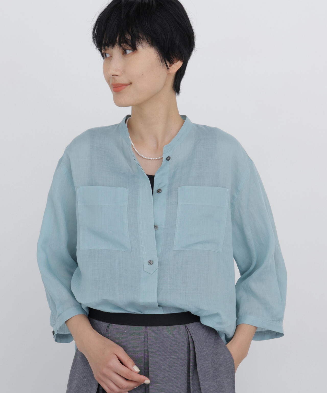 《名品 / 日差し対策 / 洗える / 4色展開！》ラミーバンドカラーシャツブラウス