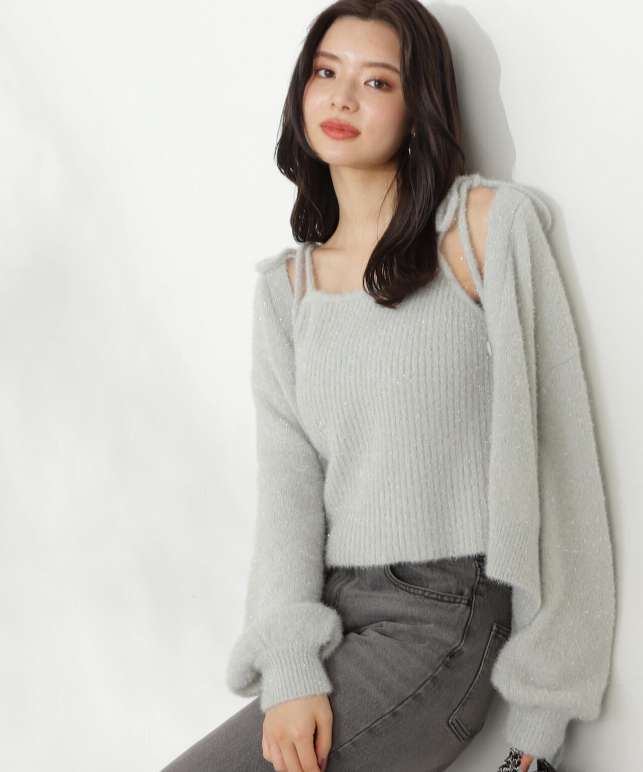 シャイニーフェザーアンサンブルニット　WEB限定カラー：パープル