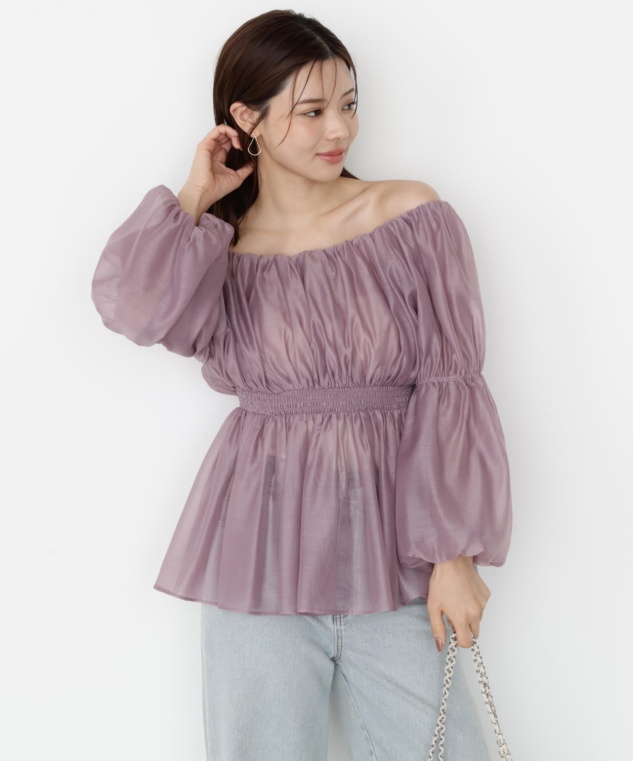 【松川星さん着用】＜ウォッシャブル＞バルーンスリーブオフショルブラウス【ピンク：WEB・一部店舗限定】