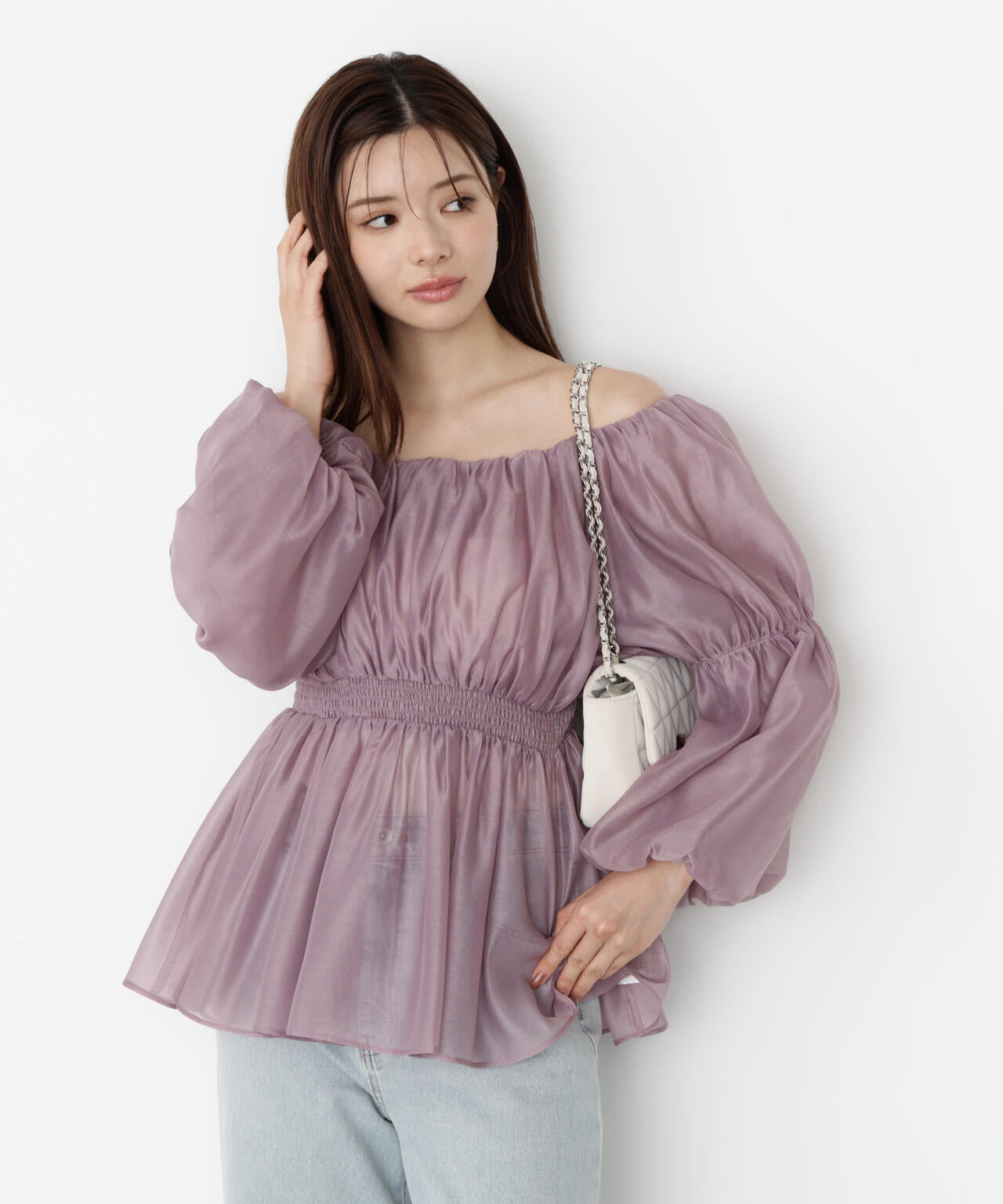 【松川星さん着用】＜ウォッシャブル＞バルーンスリーブオフショルブラウス【ピンク：WEB・一部店舗限定】