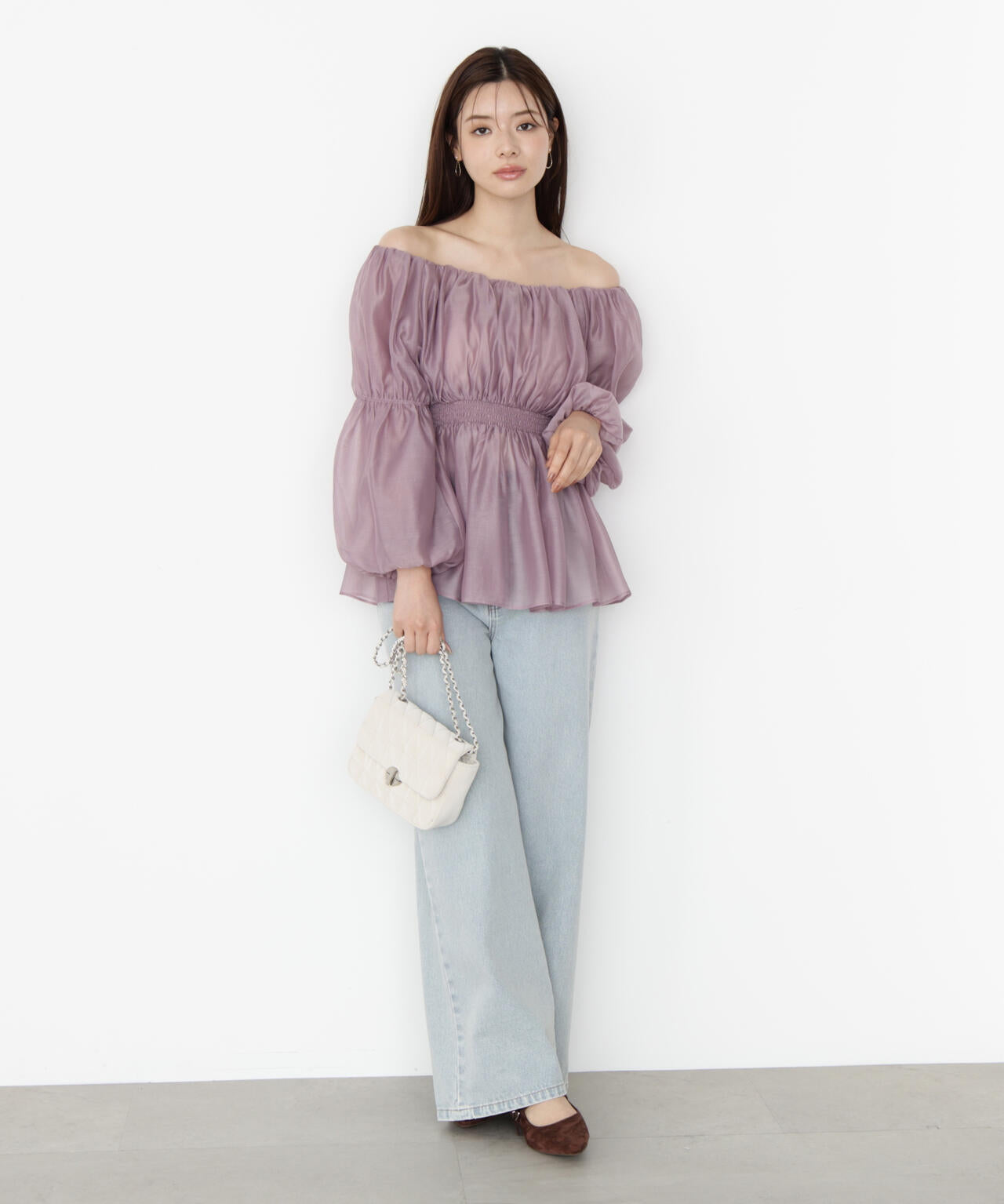 【松川星さん着用】＜ウォッシャブル＞バルーンスリーブオフショルブラウス【ピンク：WEB・一部店舗限定】