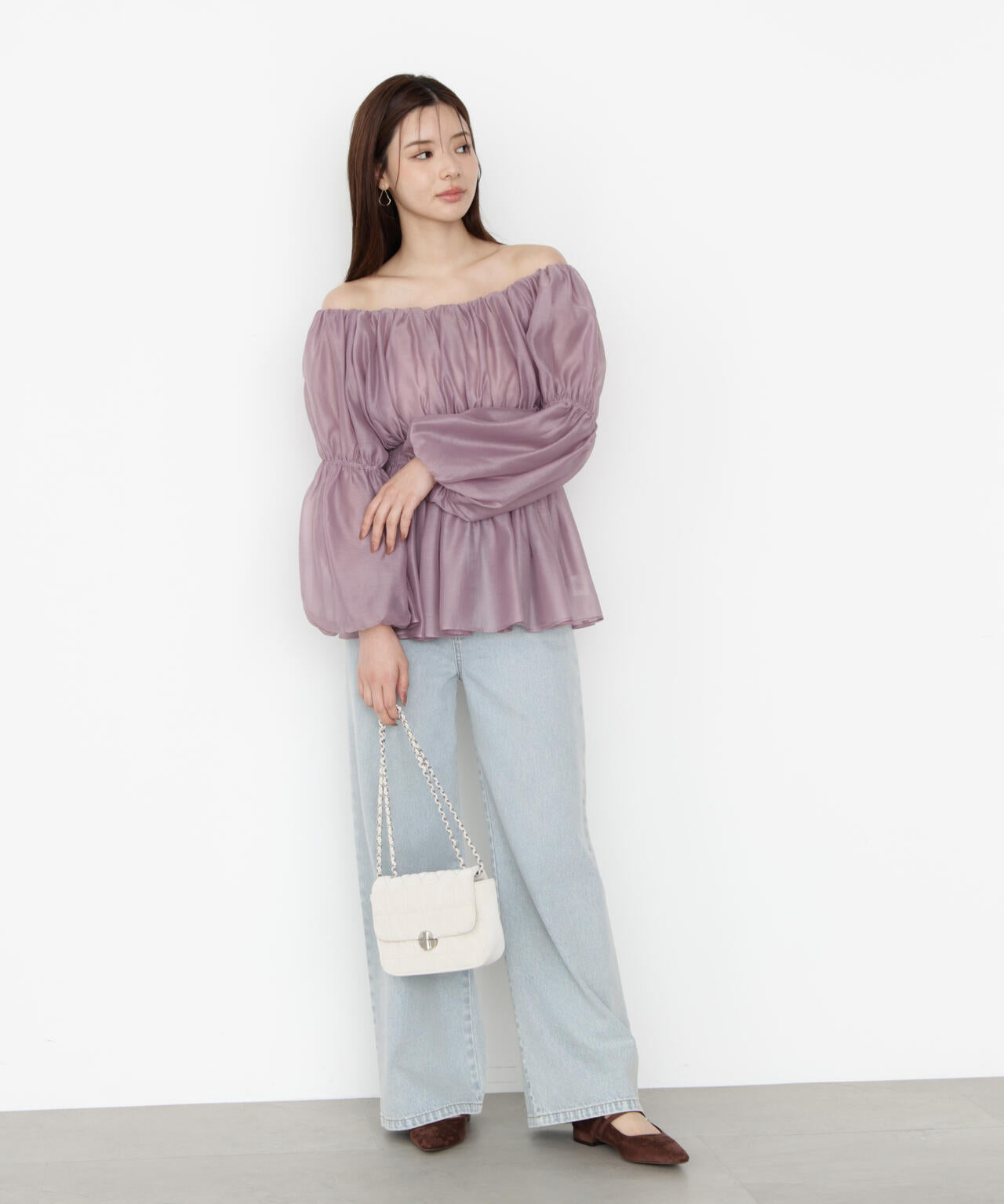 【松川星さん着用】＜ウォッシャブル＞バルーンスリーブオフショルブラウス【ピンク：WEB・一部店舗限定】