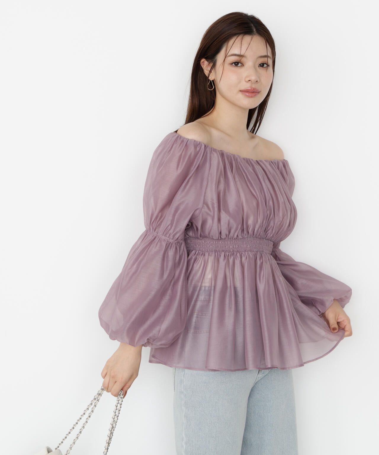 【松川星さん着用】＜ウォッシャブル＞バルーンスリーブオフショルブラウス【ピンク：WEB・一部店舗限定】
