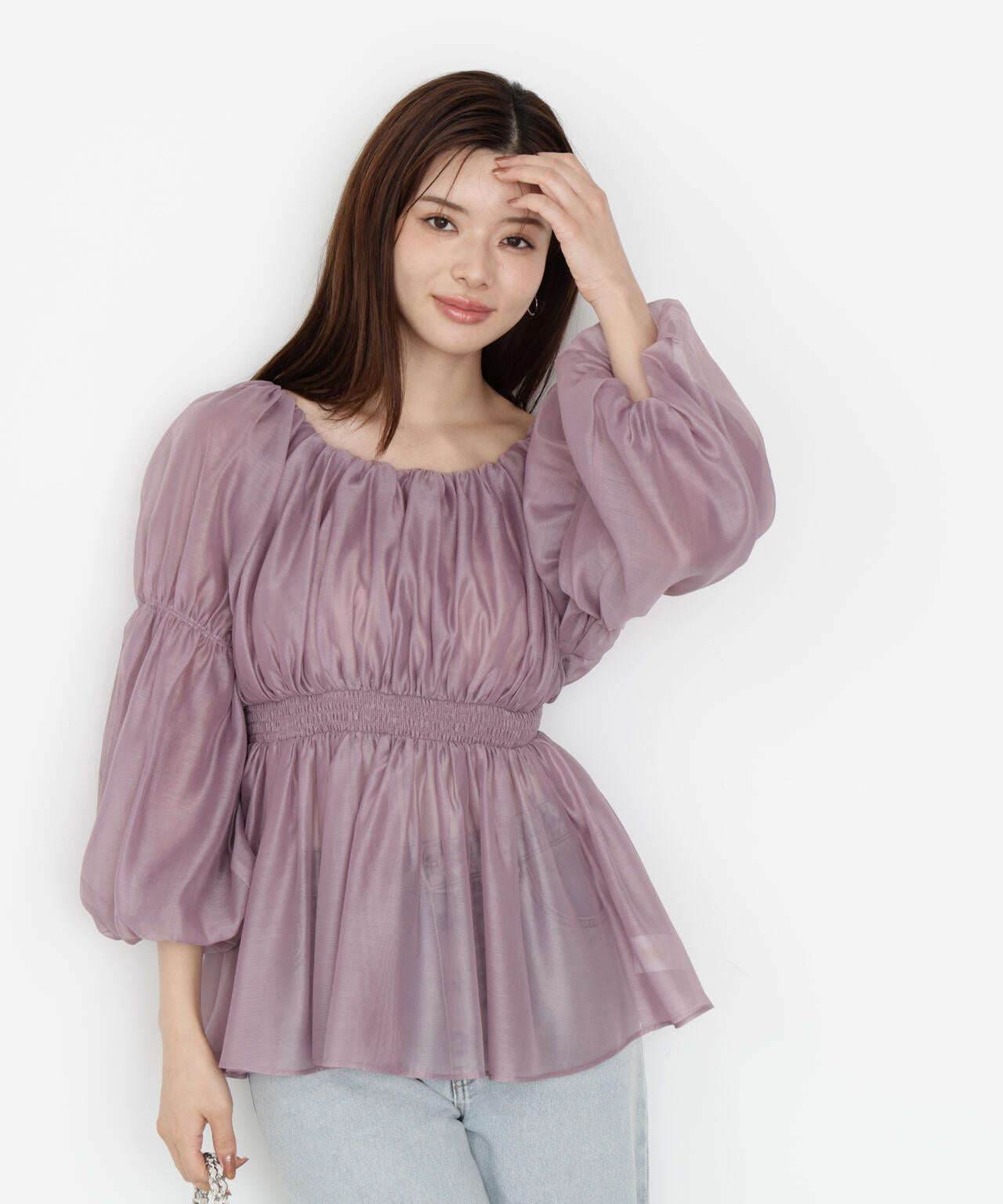 【松川星さん着用】＜ウォッシャブル＞バルーンスリーブオフショルブラウス【ピンク：WEB・一部店舗限定】