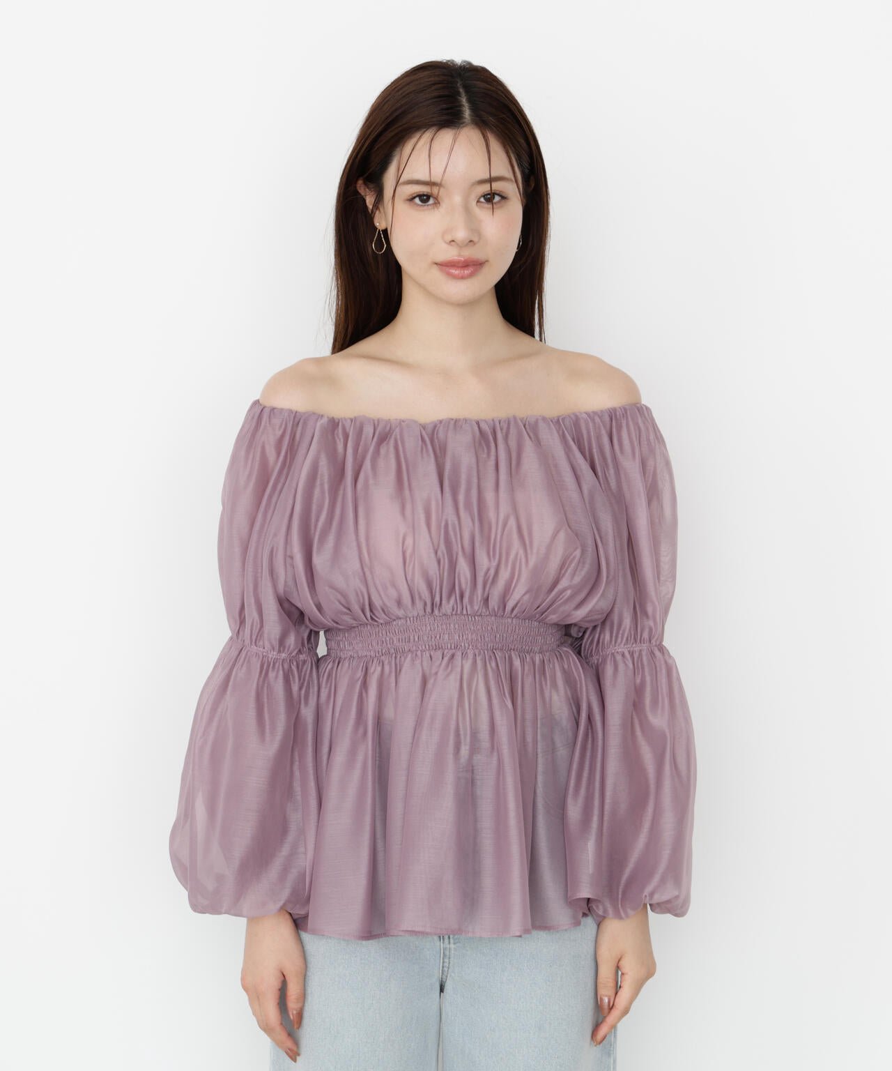 【松川星さん着用】＜ウォッシャブル＞バルーンスリーブオフショルブラウス【ピンク：WEB・一部店舗限定】