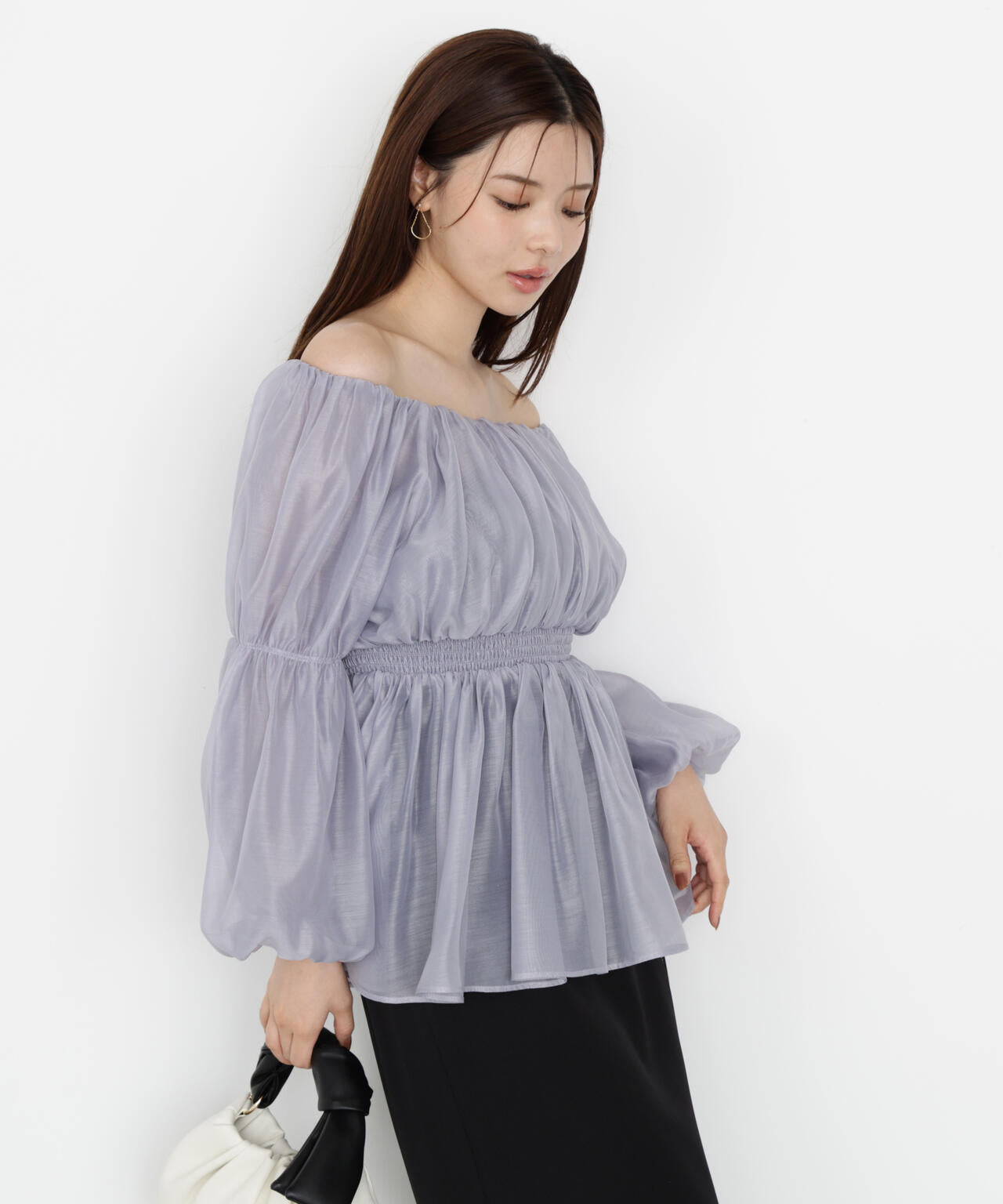 【松川星さん着用】＜ウォッシャブル＞バルーンスリーブオフショルブラウス【ピンク：WEB・一部店舗限定】