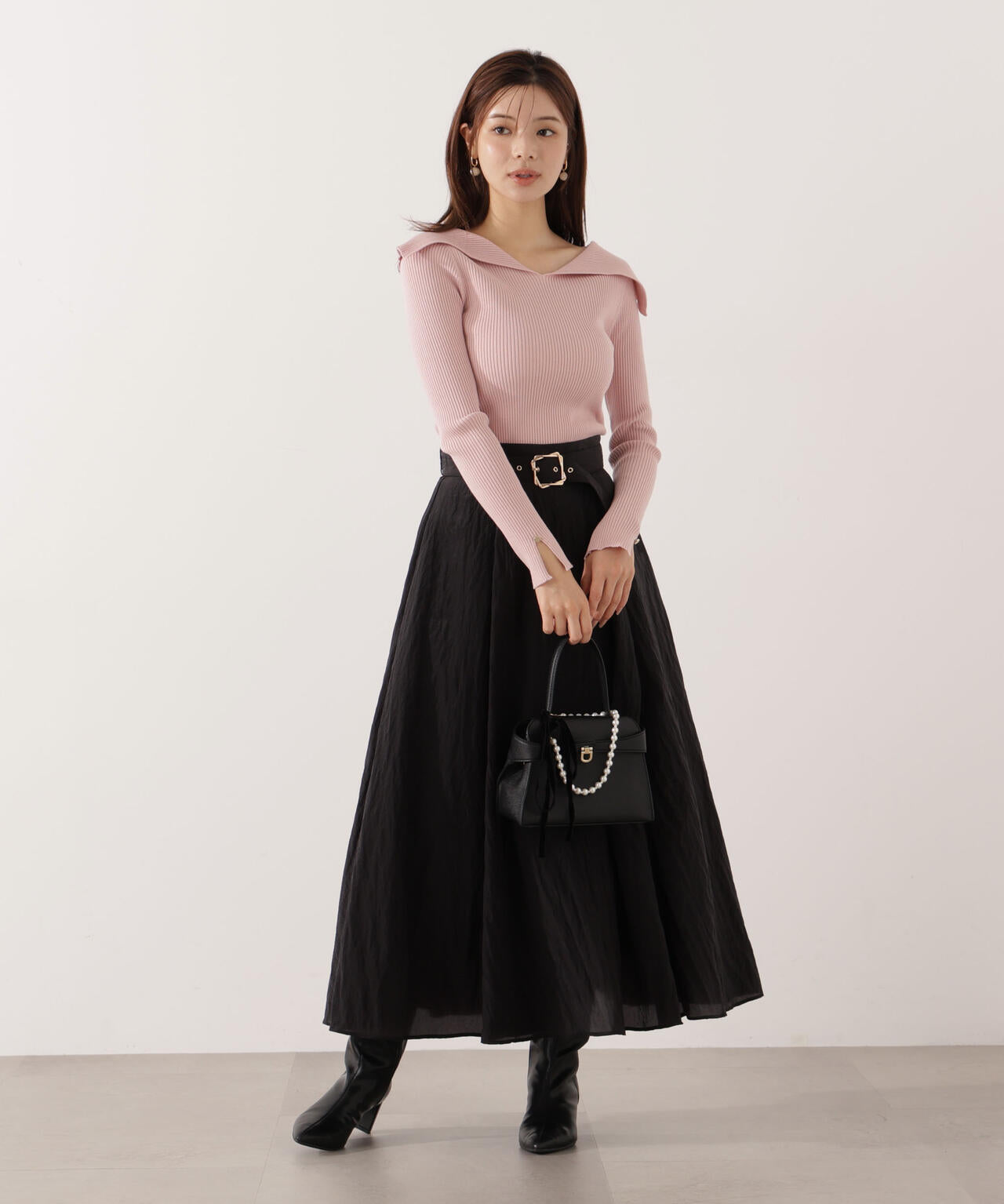【青島心さん着用】ベルト付きシアーフレアスカート