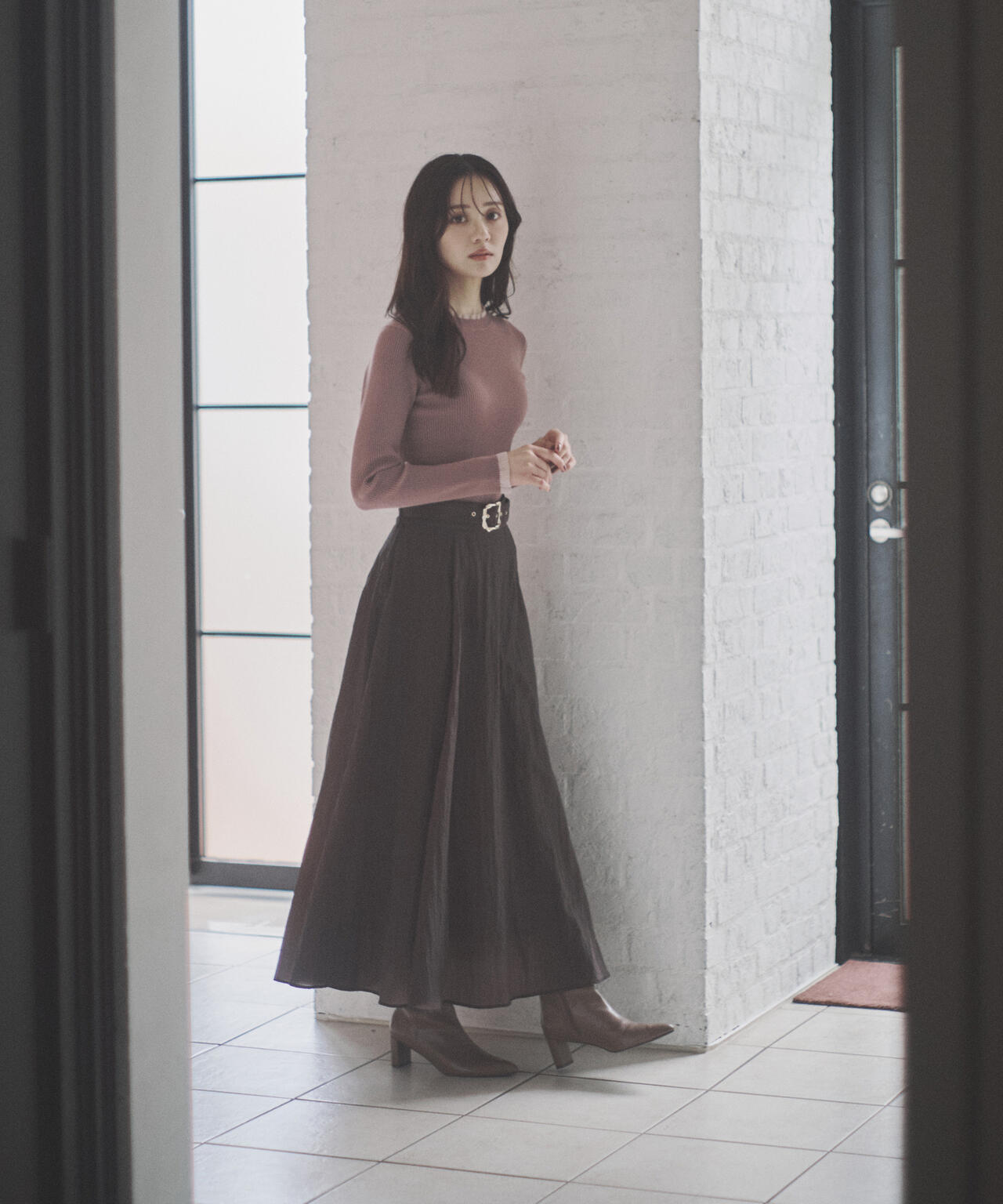 【青島心さん着用】ベルト付きシアーフレアスカート