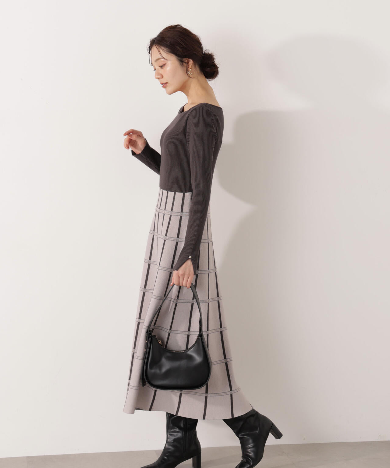 チェック柄ジャガードニットワンピース【ボルドー：official site限定】