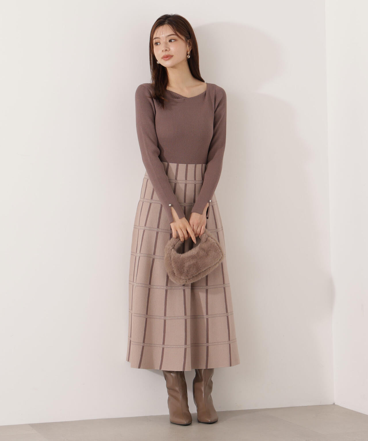チェック柄ジャガードニットワンピース【ボルドー：official site限定】