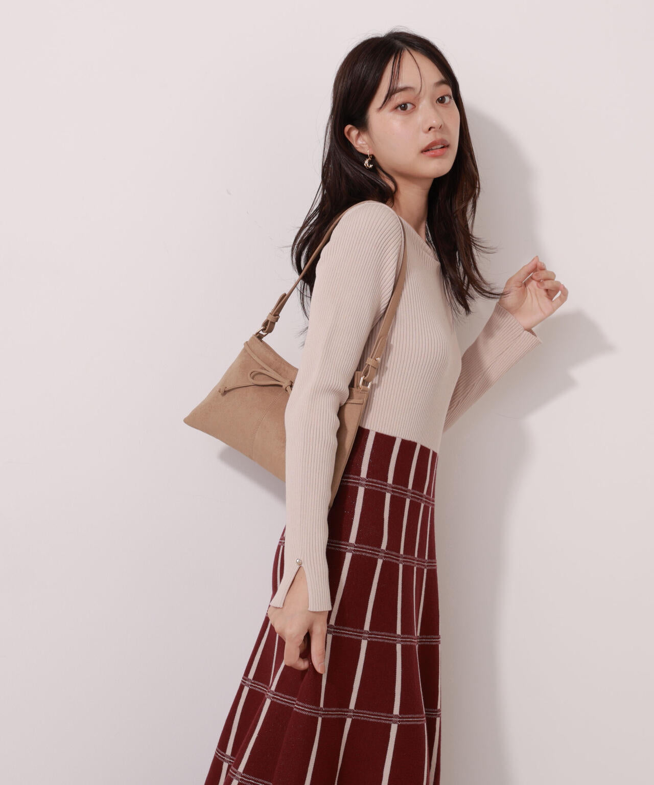 チェック柄ジャガードニットワンピース【ボルドー：official site限定】
