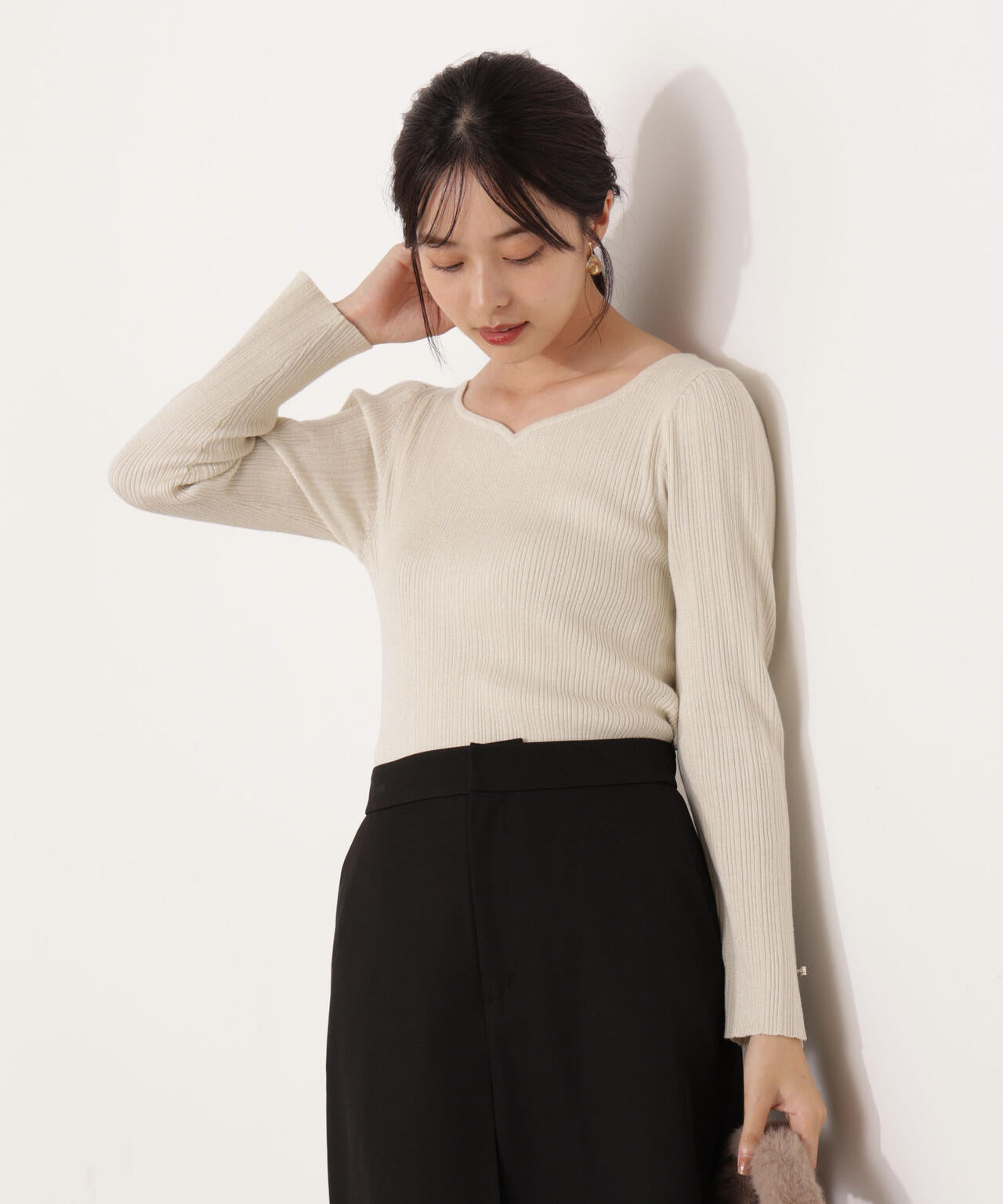 【青島心さん着用】＜ウォッシャブル＞ハートネックリブニット