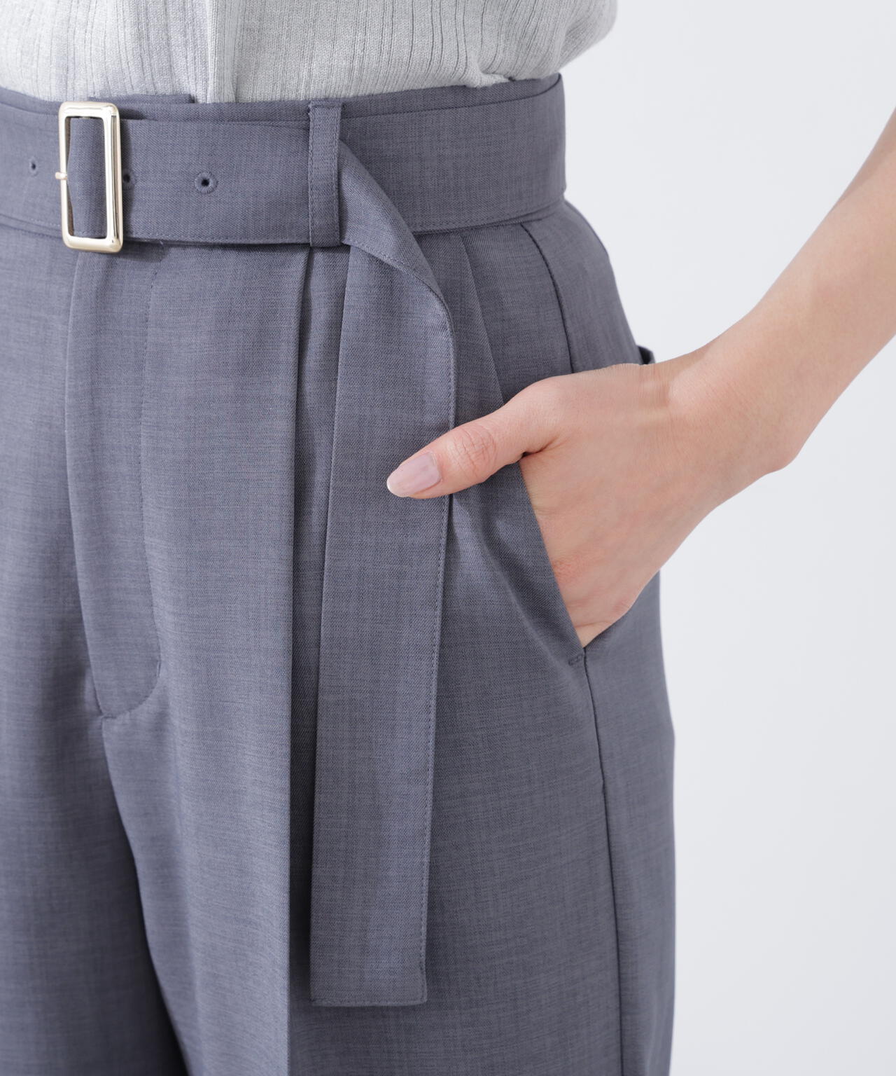 ＜ウォッシャブル＞ベルト付きタックワイドパンツ
