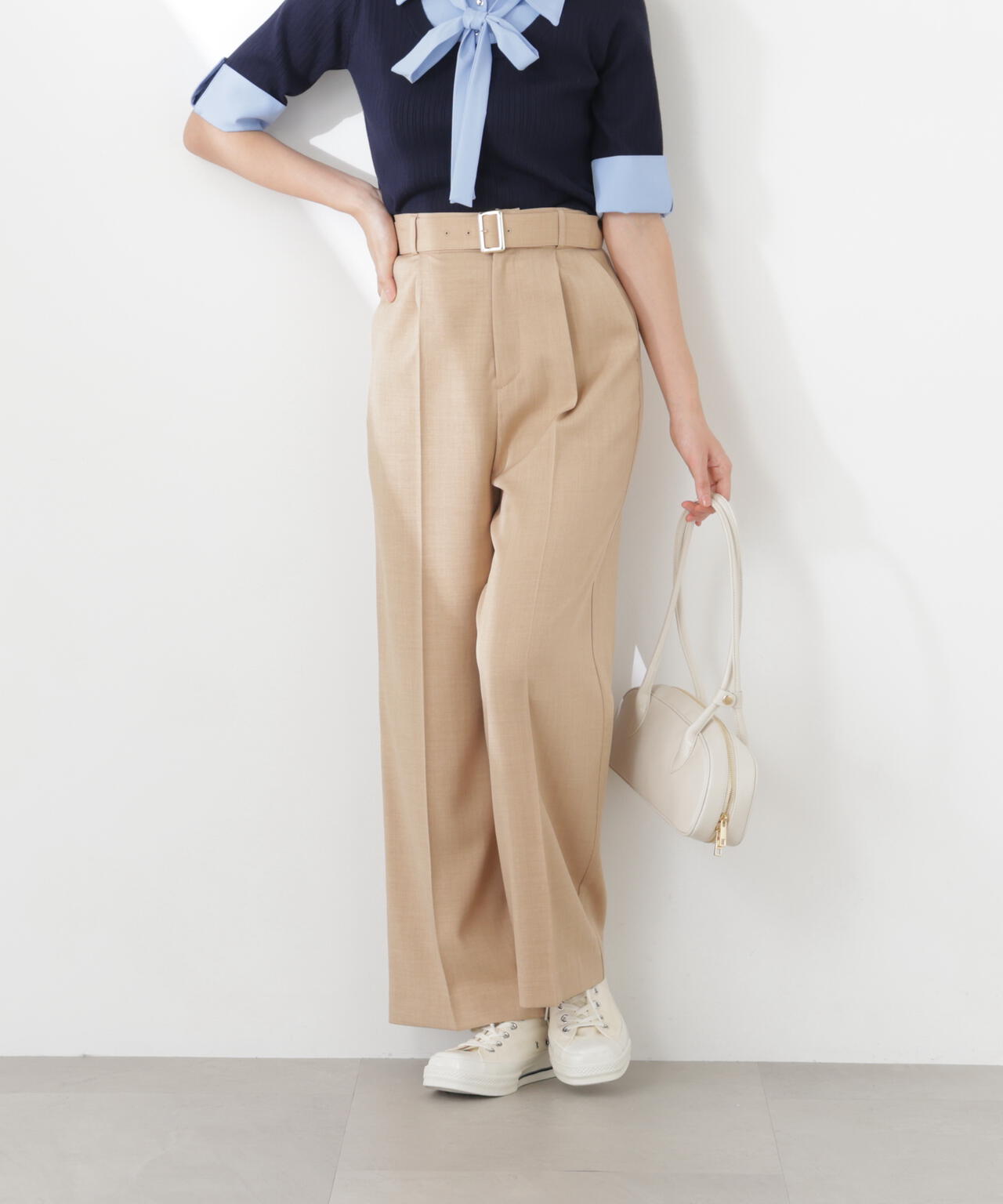＜ウォッシャブル＞ベルト付きタックワイドパンツ
