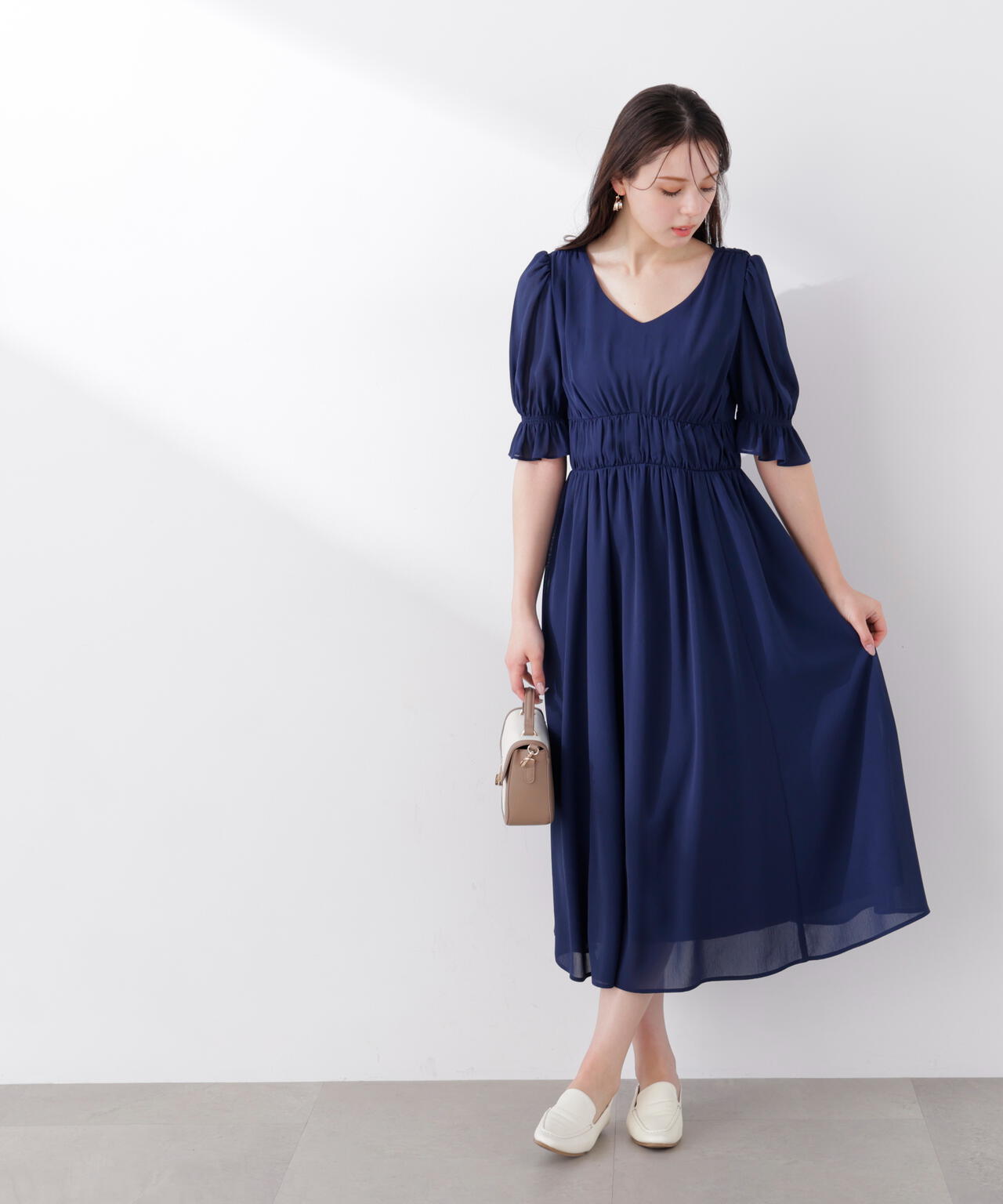 シフォン楊柳ギャザーワンピース