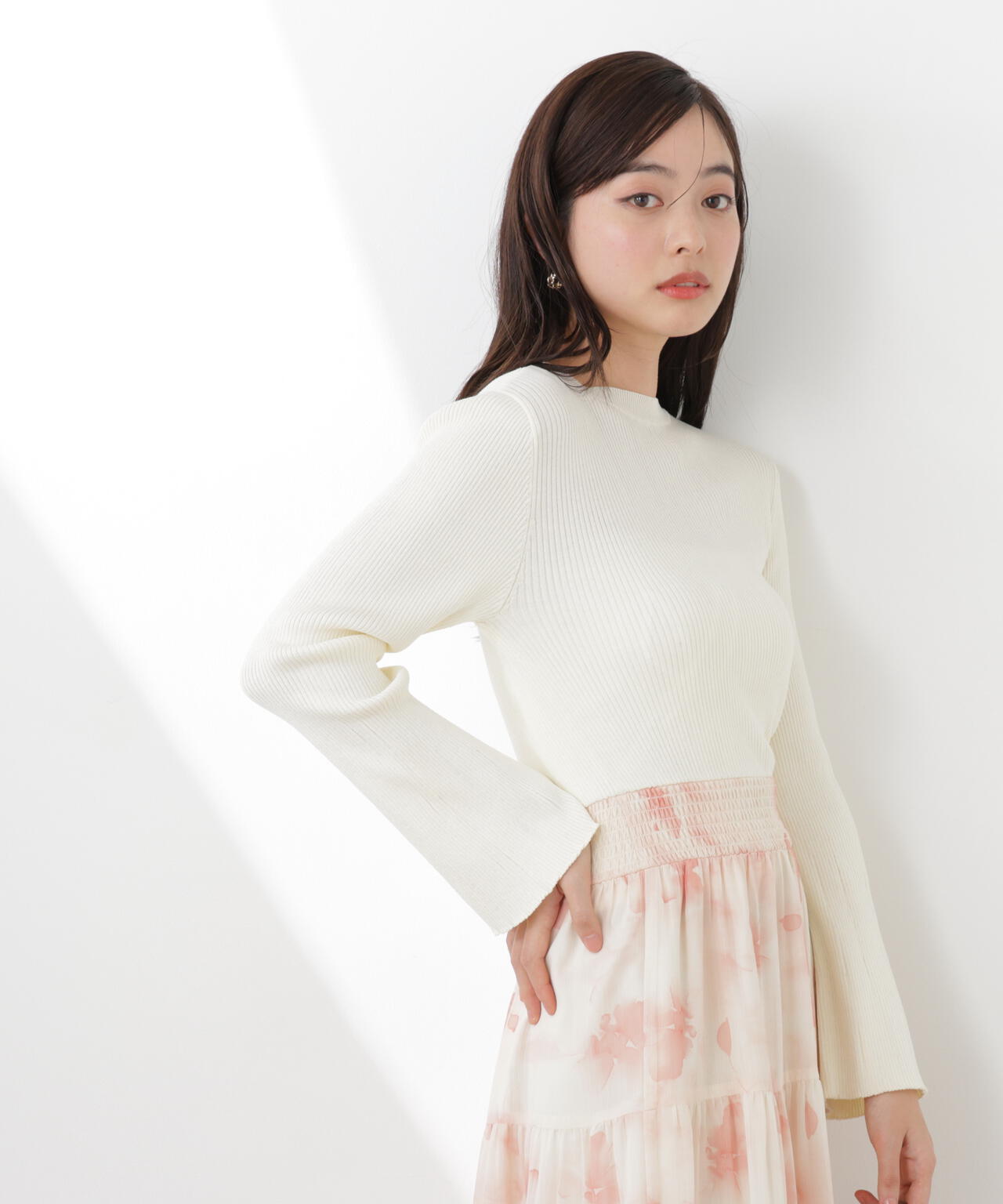 ニットドッキング花柄シャーリングワンピース