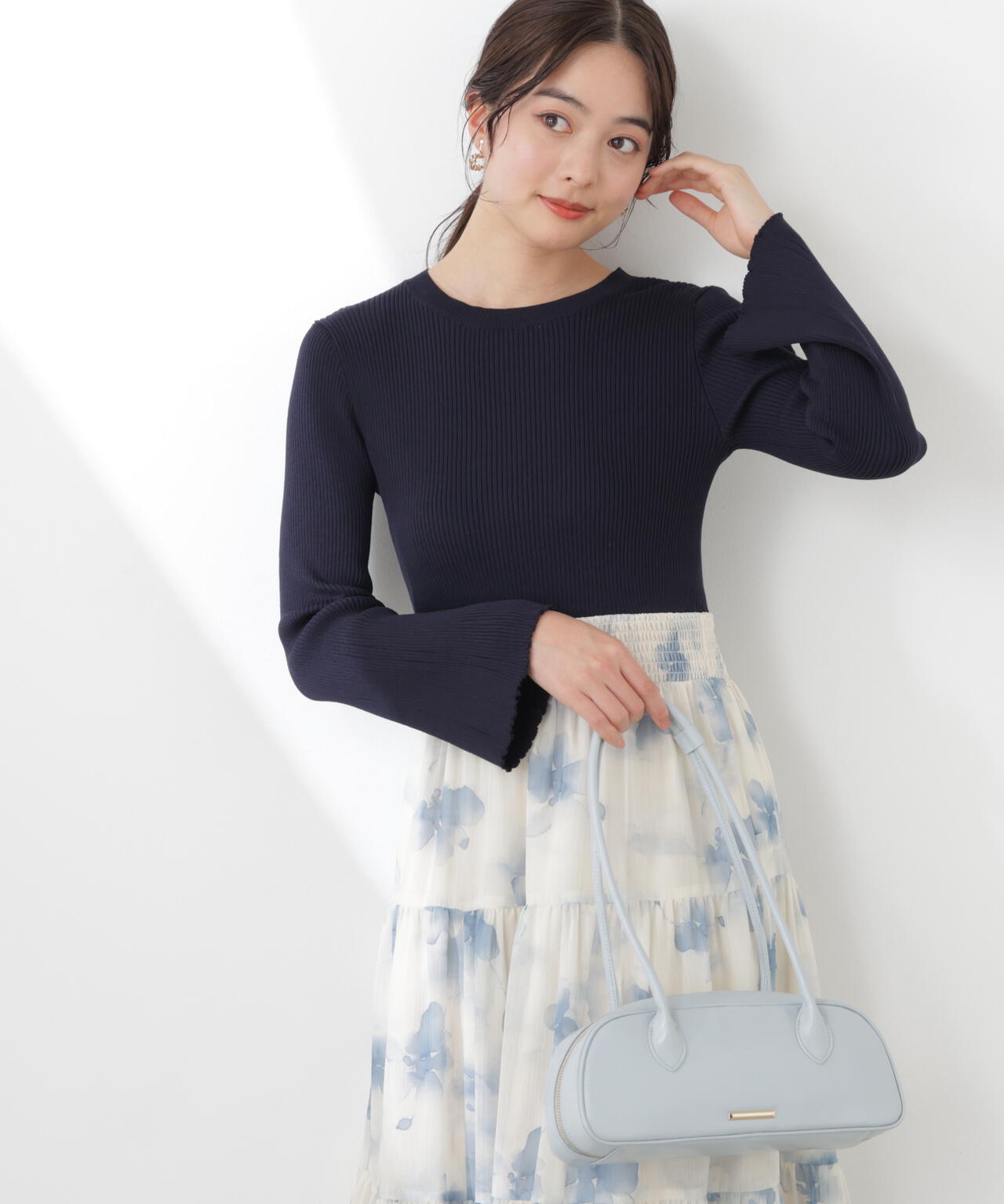 ニットドッキング花柄シャーリングワンピース