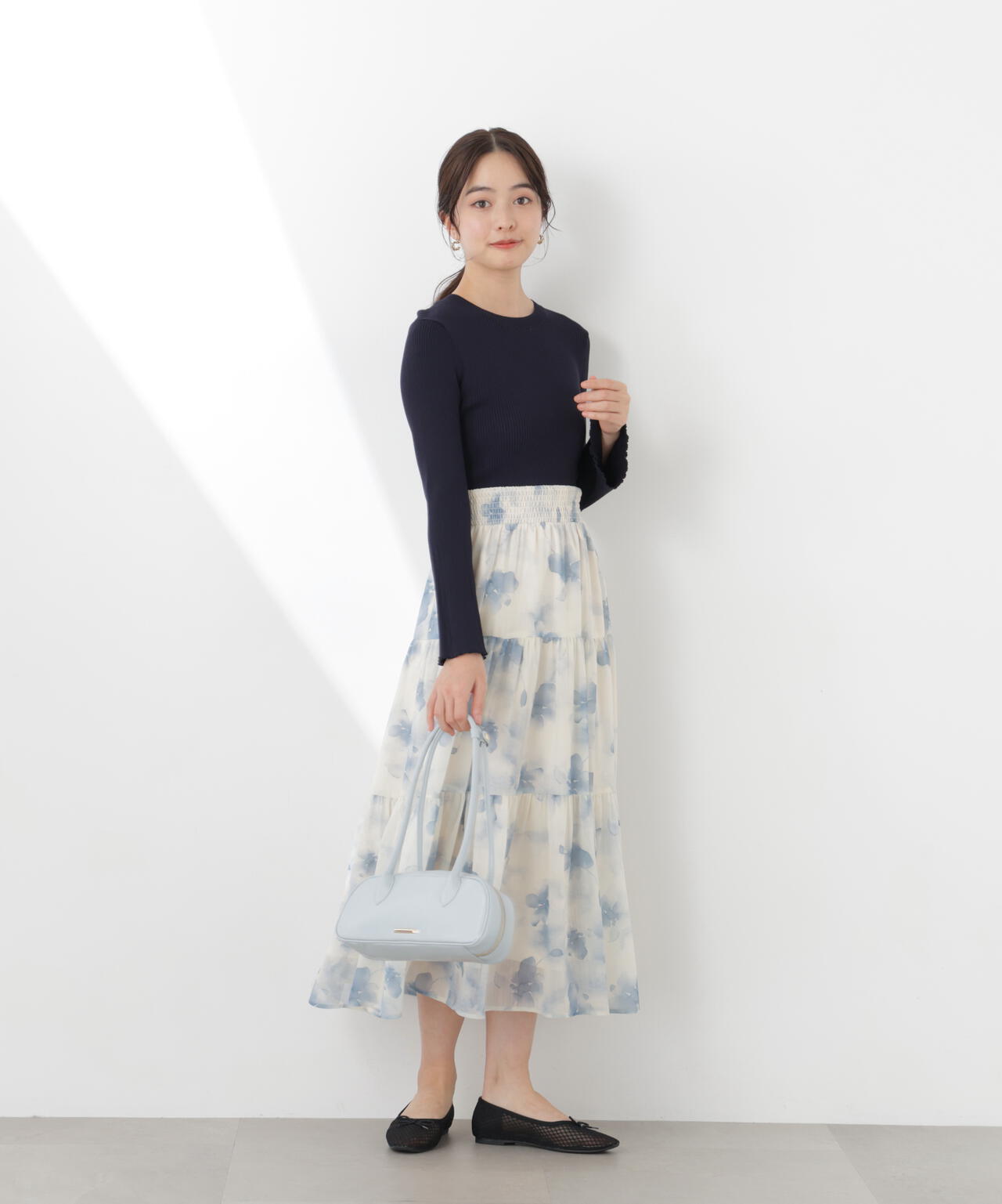 ニットドッキング花柄シャーリングワンピース