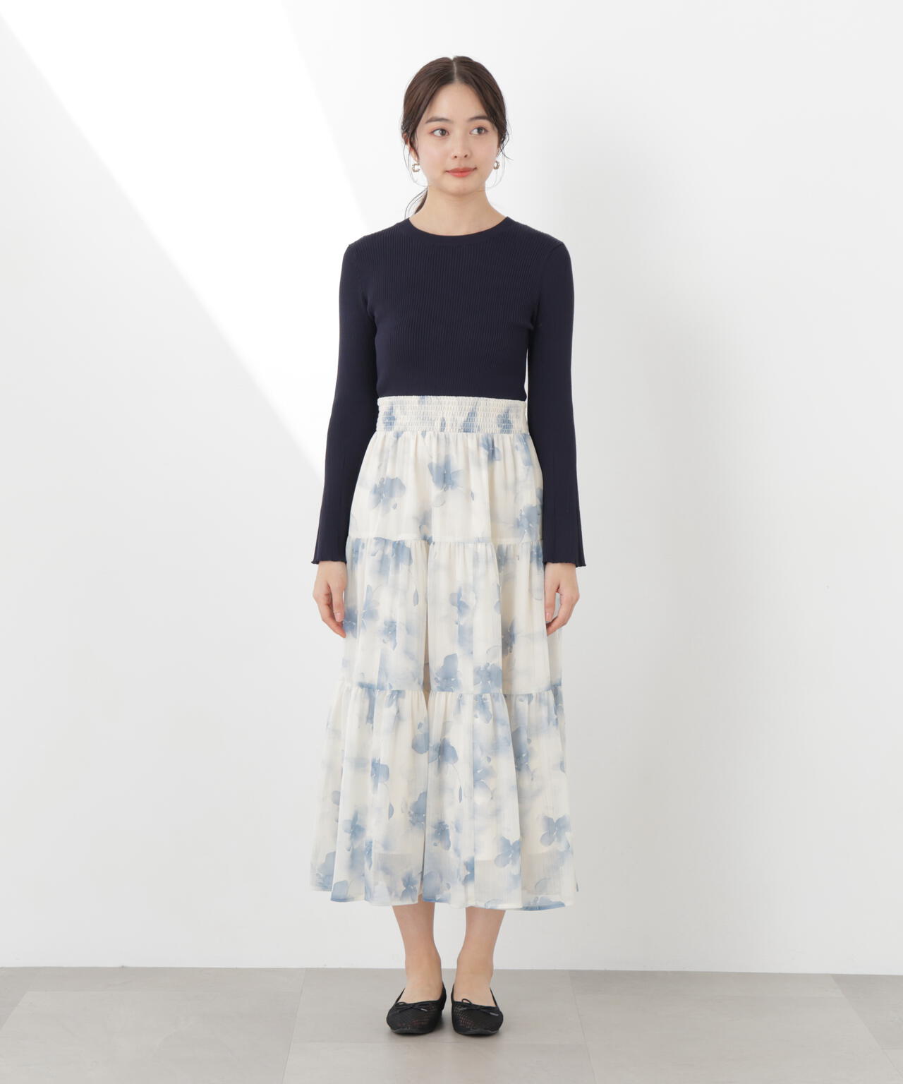 ニットドッキング花柄シャーリングワンピース