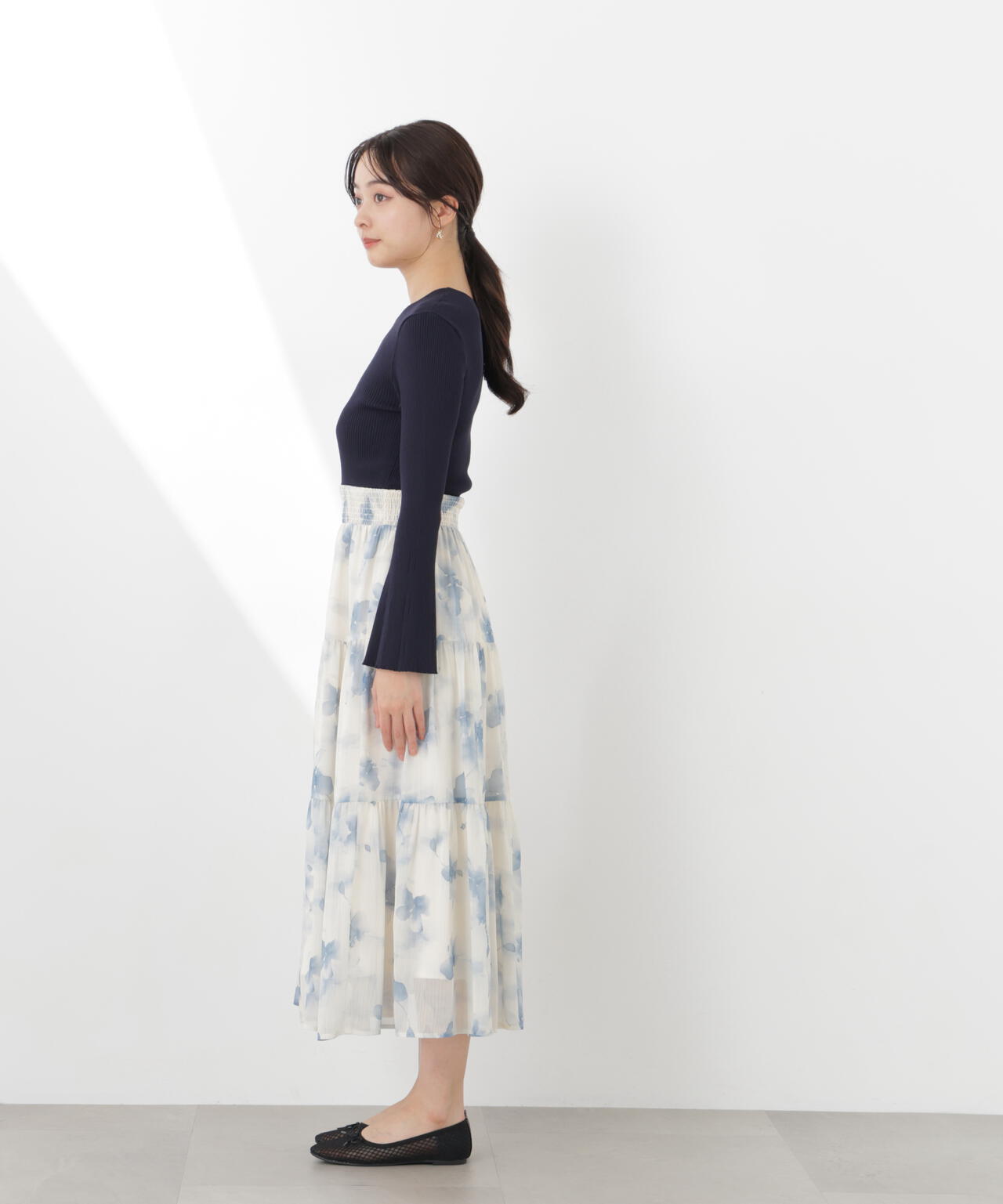 ニットドッキング花柄シャーリングワンピース