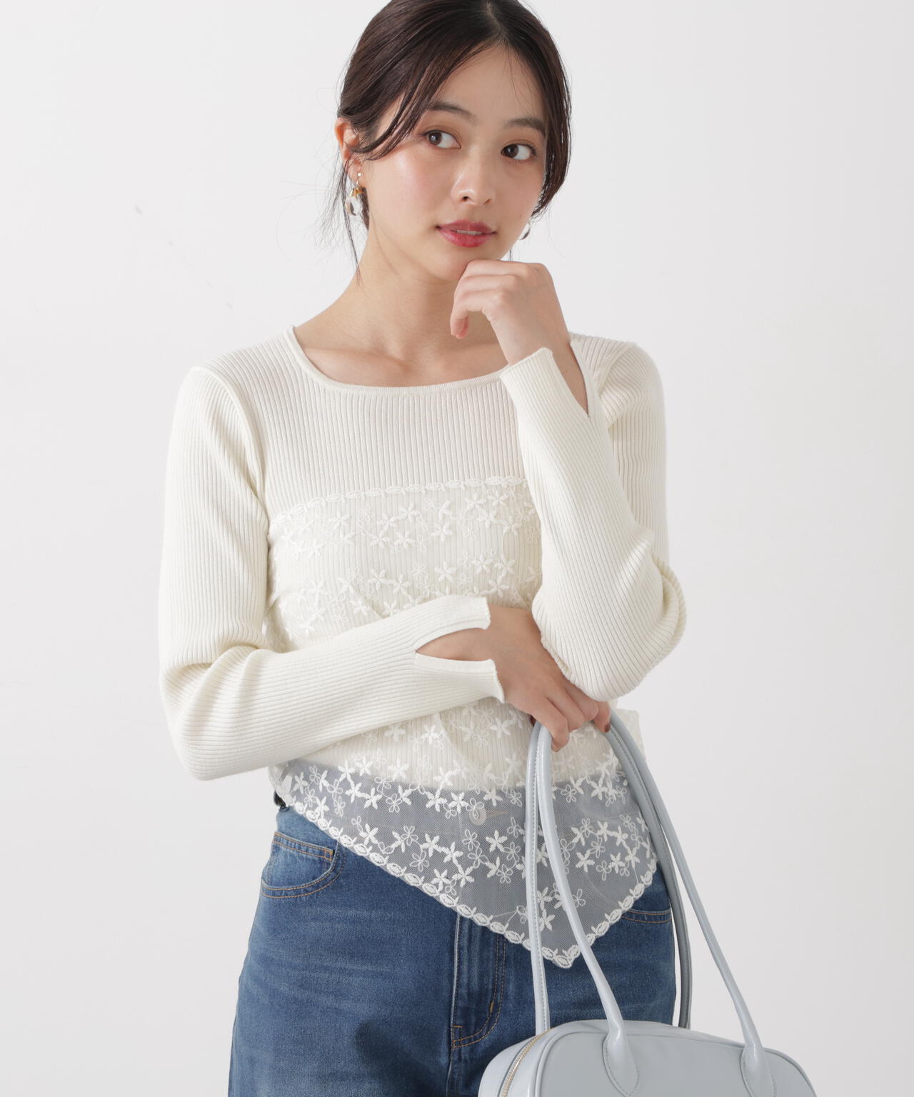 《EDIT COLOGNE》レーススカーフ付きリブニット【ホワイト×ブラックボーダー：official site・ZOZO・一部店舗限定】