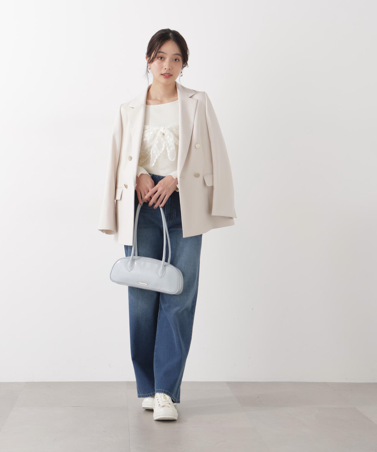 《EDIT COLOGNE》レーススカーフ付きリブニット【ホワイト×ブラックボーダー：official site・ZOZO・一部店舗限定】