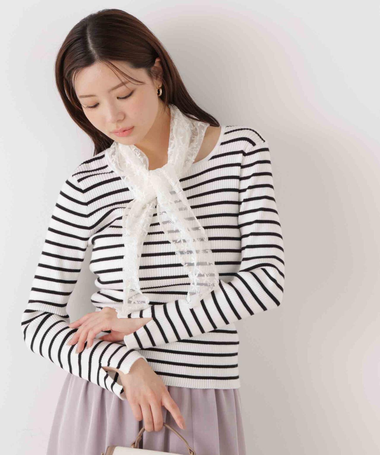 《EDIT COLOGNE》レーススカーフ付きリブニット【ホワイト×ブラックボーダー：official site・ZOZO・一部店舗限定】