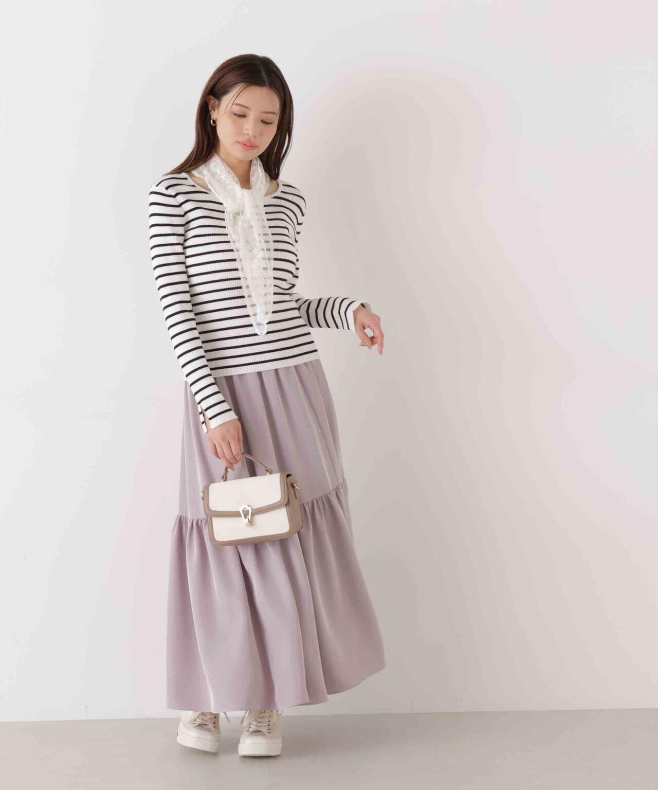 《EDIT COLOGNE》レーススカーフ付きリブニット【ホワイト×ブラックボーダー：official site・ZOZO・一部店舗限定】
