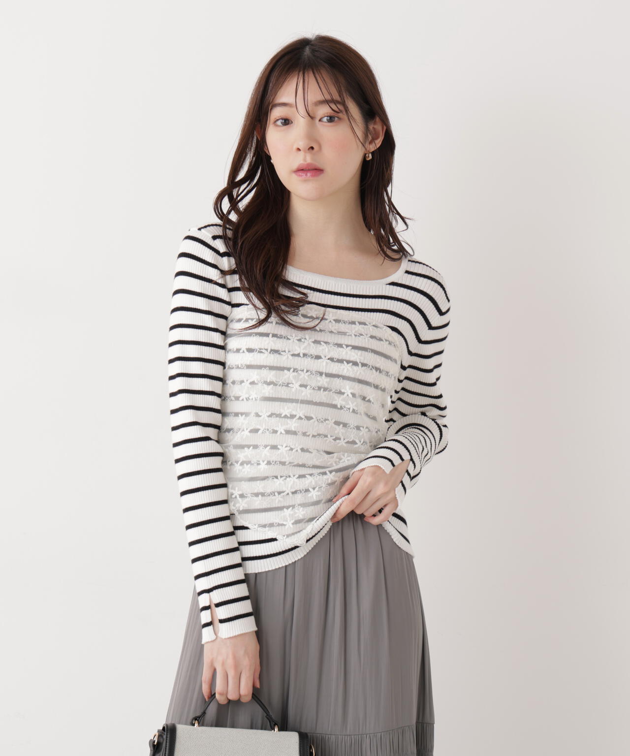 《EDIT COLOGNE》レーススカーフ付きリブニット【ホワイト×ブラックボーダー：official site・ZOZO・一部店舗限定】