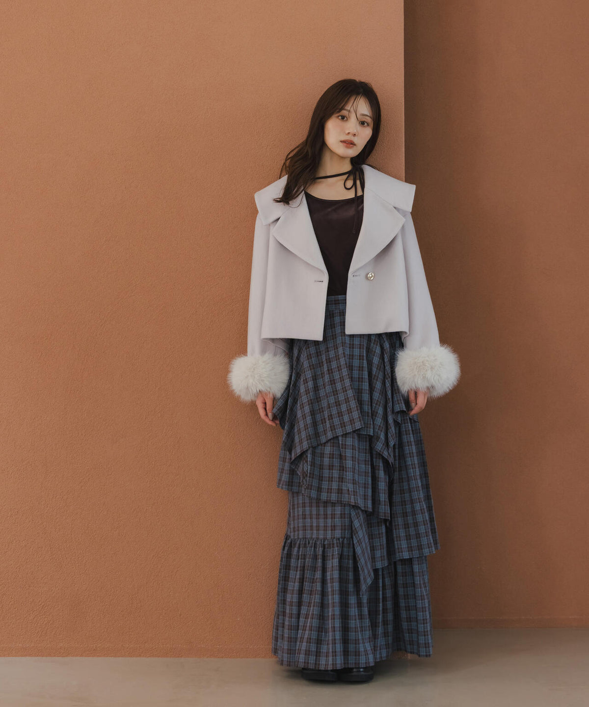 フェイクファー付きワイドカラーショートコート