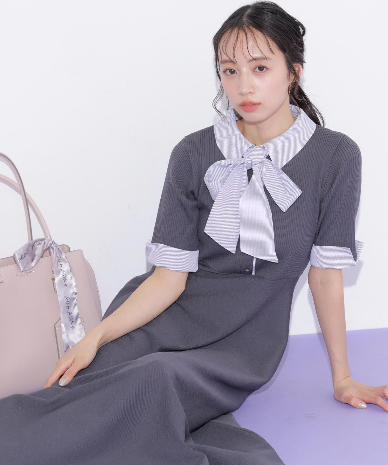 シャツ襟ドッキングニットワンピース半袖