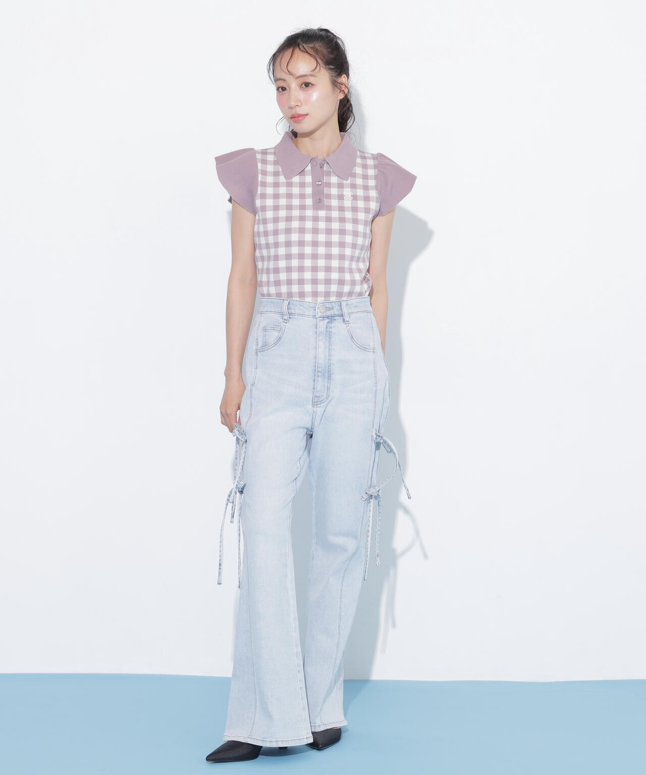 ＜WEB限定カラーあり＞フリル袖ポロニット
